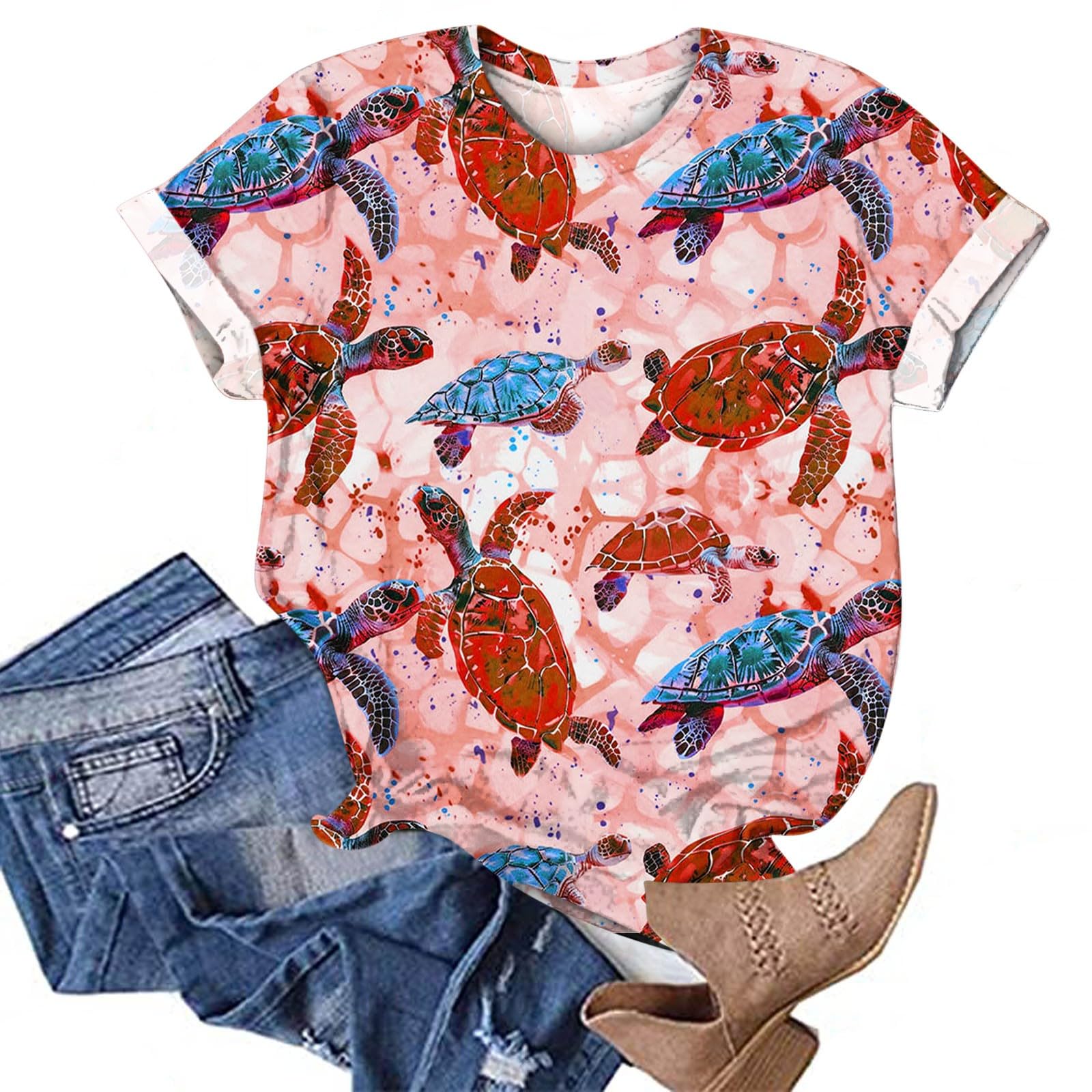 Women's Sea Turtle Graphic T-Shirt - Funny Animal Print Short Sleeve Summer Top - Loose Fit Casual Tee for Beach Vacation, Ocean Conservation Events & Everyday Wear