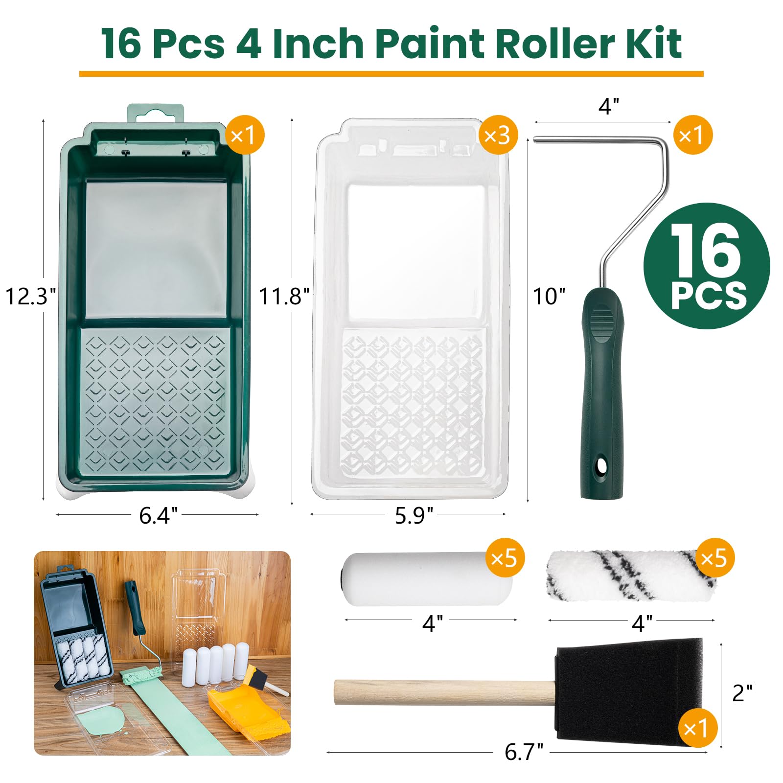 16 Pcs 4 Inch Small Paint Roller Kit - High-Density Foam Roller, Microfiber Rollers, Tray, Liner & Frame - Perfect for DIY Home Painting Projects, Wall Touch-Ups & Craft Painting
