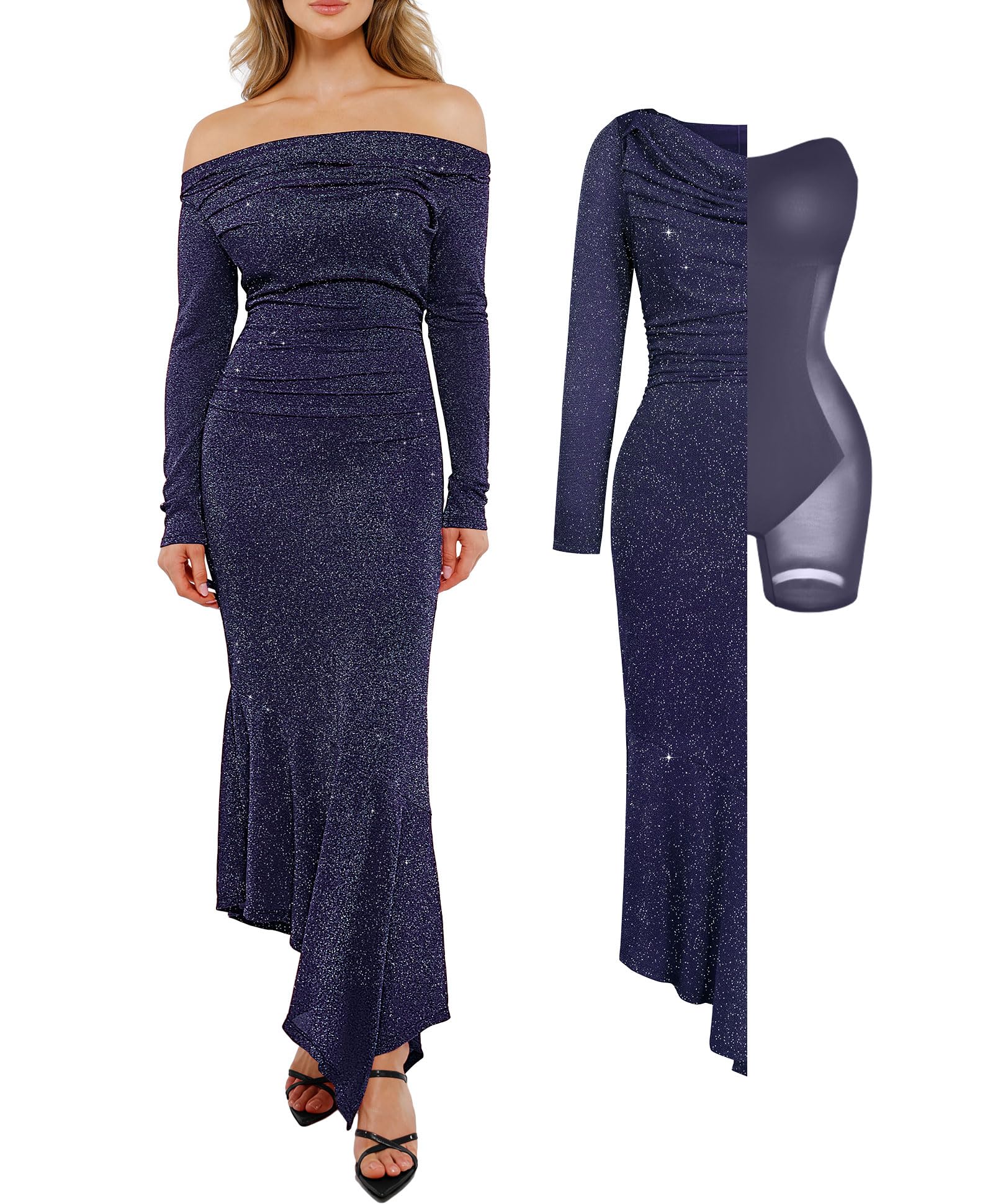 Sparkly Bodycon Mermaid Dress for Women - Long Sleeve Off Shoulder Cocktail Dress with Shapewear | Perfect for Evening Parties, Date Nights & Special Occasions