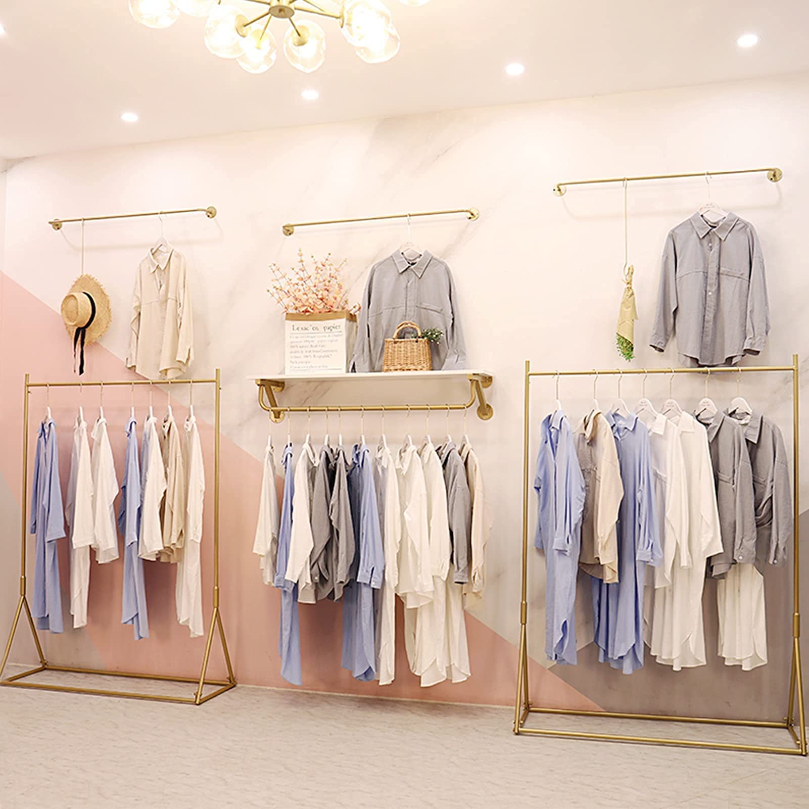 Heavy-Duty Wall Mounted Clothes Rack with Storage Shelf - Golden Garment Display Organizer for Closet, Bedroom & Retail Store Use