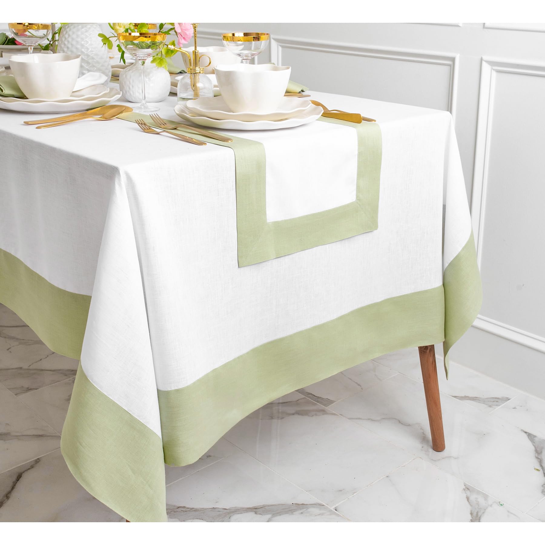 Premium 100% Pure Linen Tablecloth 60x90 Inches - Sage Green & White Rectangular Table Cover - Machine Washable, Wrinkle-Resistant for Easter, Mother's Day, Wedding & Party Decor - Perfect for Dining Tables, Buffets & Special Occasions