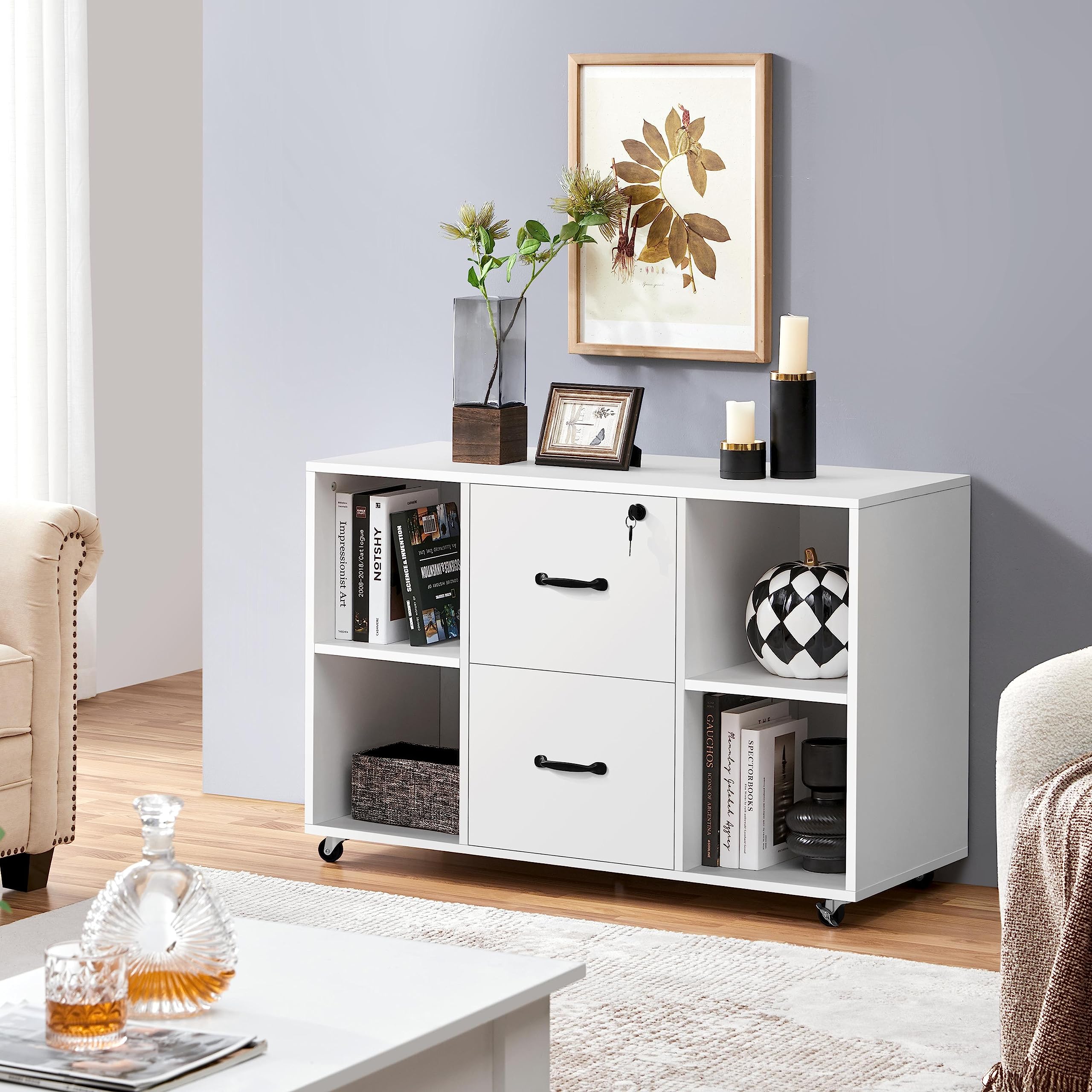 Yaheetech White 2-Drawer Mobile File Cabinet with 4 Open Shelves - Letter Size Lateral Filing Cabinet & Printer Stand for Home Office Organization - Perfect for Document Storage, Office Supplies & Workspace Organization