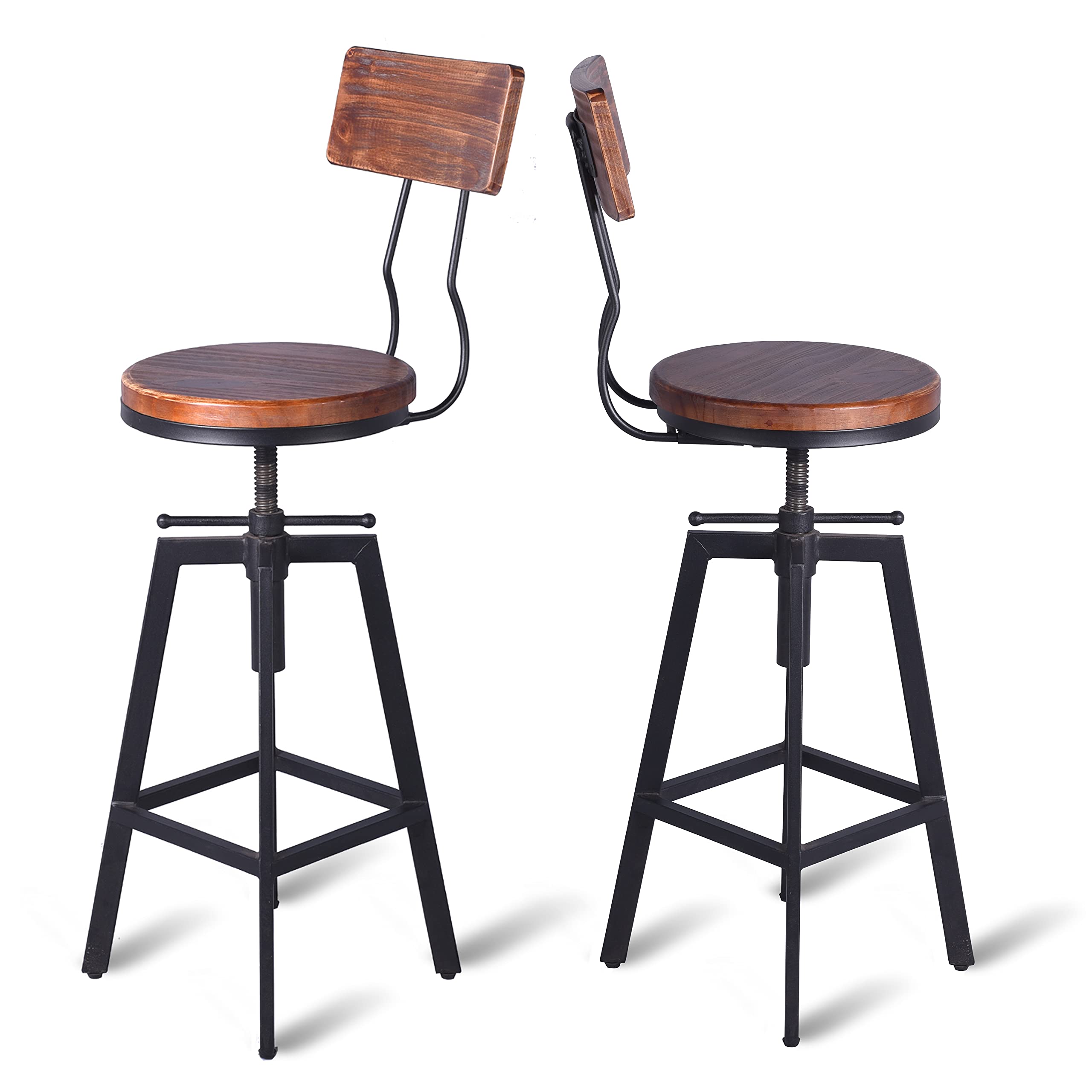 Vintage Industrial Adjustable Swivel Bar Stool with Back - 24.8-28.8 Inch Extra Tall Metal Frame & Wood Seat - Set of 2 for Kitchen Counter, Home Bar, Restaurant & Cafe Dining