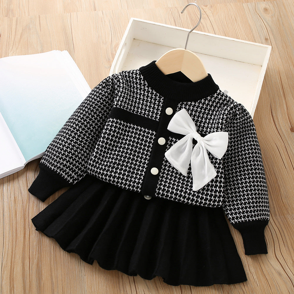 Elegant Bow Knitted Long Sleeve Princess Sweater Two-Piece Set for Girls | Winter Outfit for Parties & Family Photos