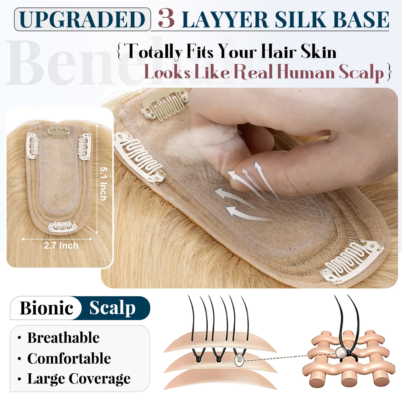 Benehair Clip-in Human Hair Topper for Women with Thinning Hair - 10
