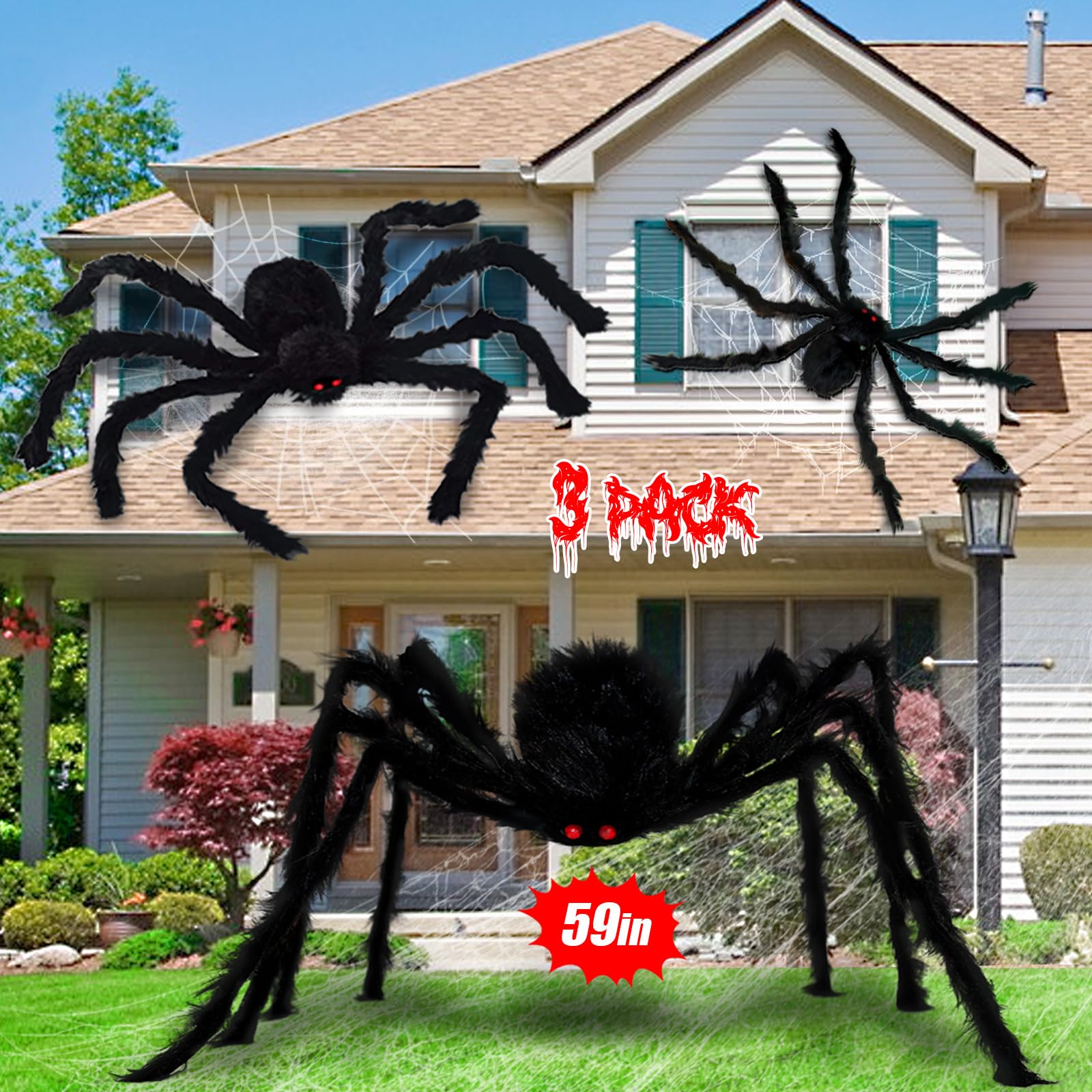 3 Pack Giant Halloween Spider Decorations - Realistic Large Scary Hairy Spiders (59