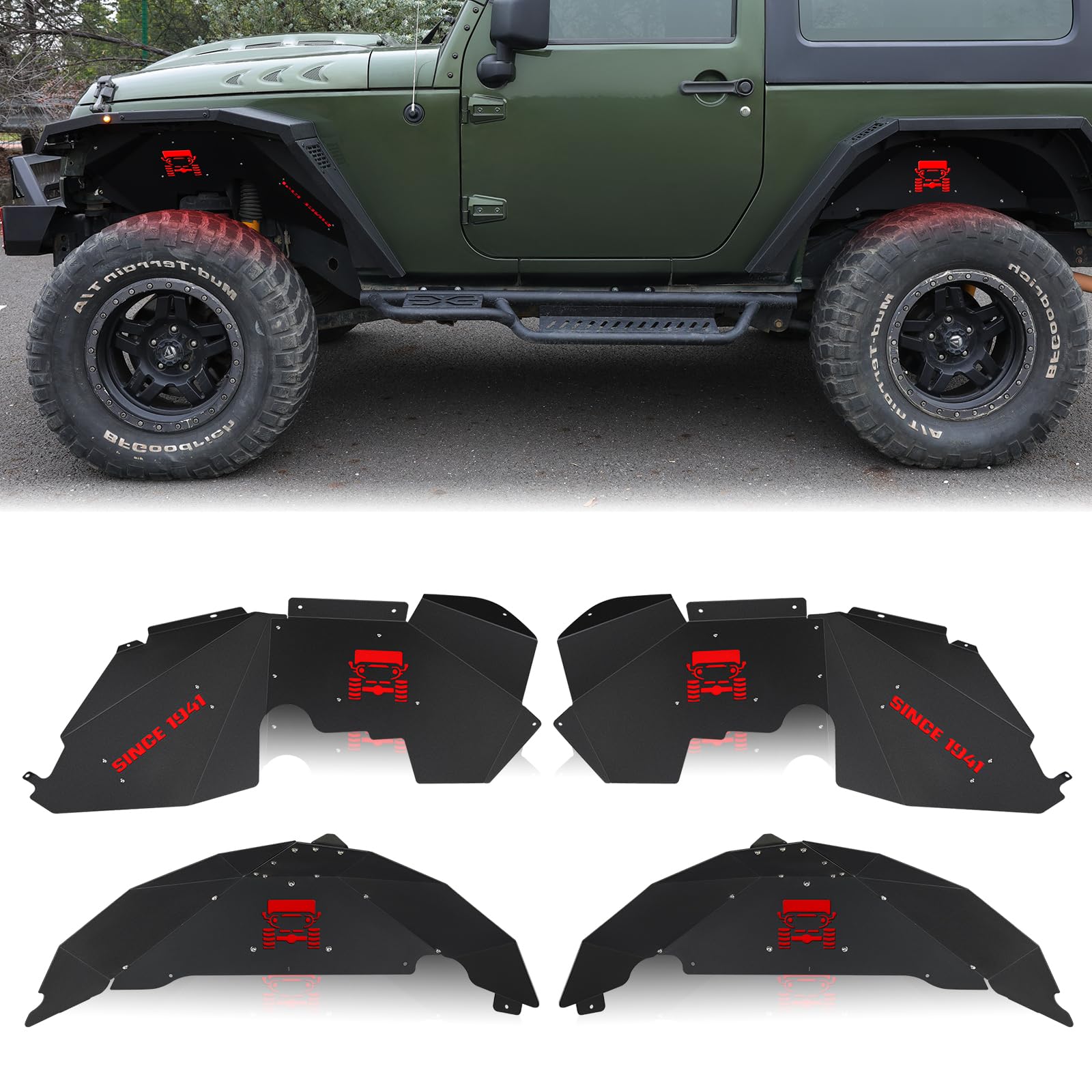 Jeep Wrangler Inner Fender Liners (2007-2018 JK JKU) - Aluminum Front & Rear Fender with 6 LED Lights | Compatible with Sport, Sahara, Rubicon 2/4 Door Models | Off-Road Protection & Enhanced Lighting for Night Adventures