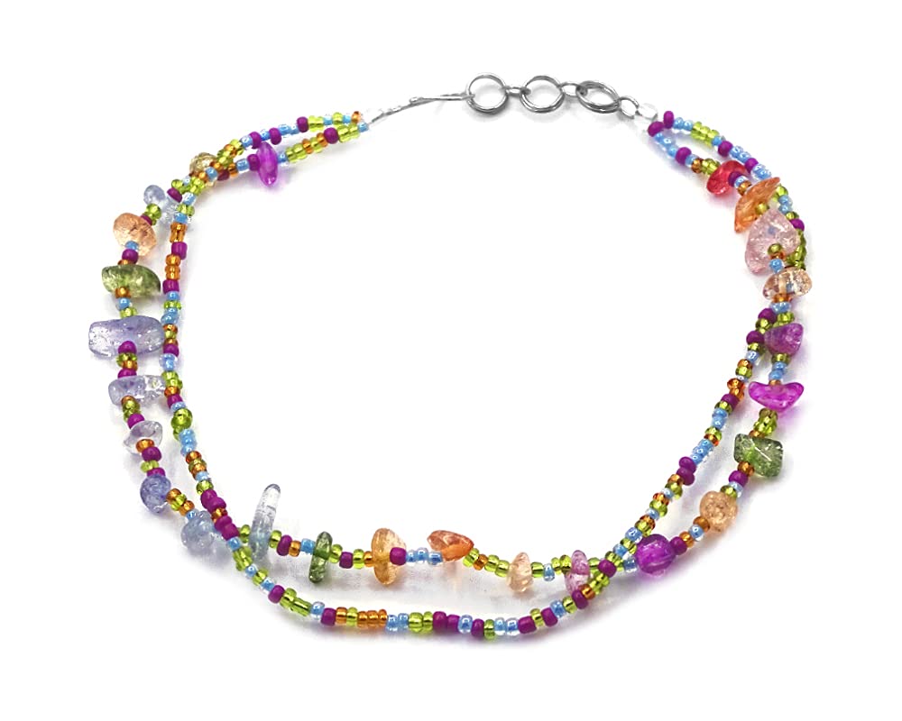 Mia Jewelry Shop Chip Stone Seed Beaded Multi Strand Anklet - Handmade Boho Ankle Bracelet for Women, Perfect for Beach, Festival, and Summer Outfits