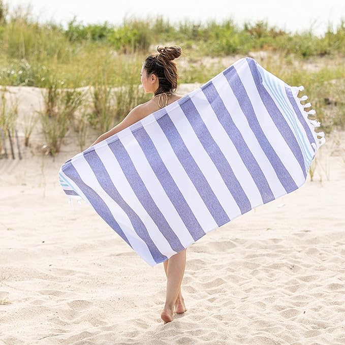 Coastal Resort Stripe Fouta 4-Piece Beach Towel Set with Tassels - Soft & Absorbent for Pool, Beach, Spa & Outdoor Use