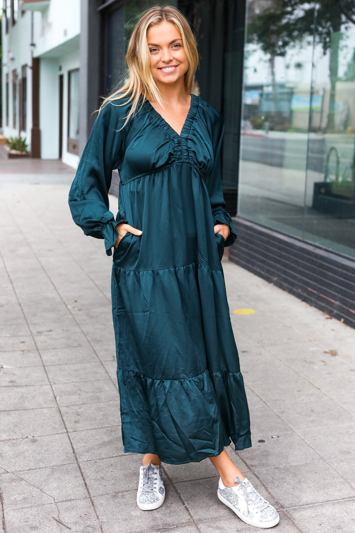 Elegant Hunter Green Elastic V-Neck Tiered Satin Maxi Dress for Women - Perfect for Weddings, Parties & Special Occasions