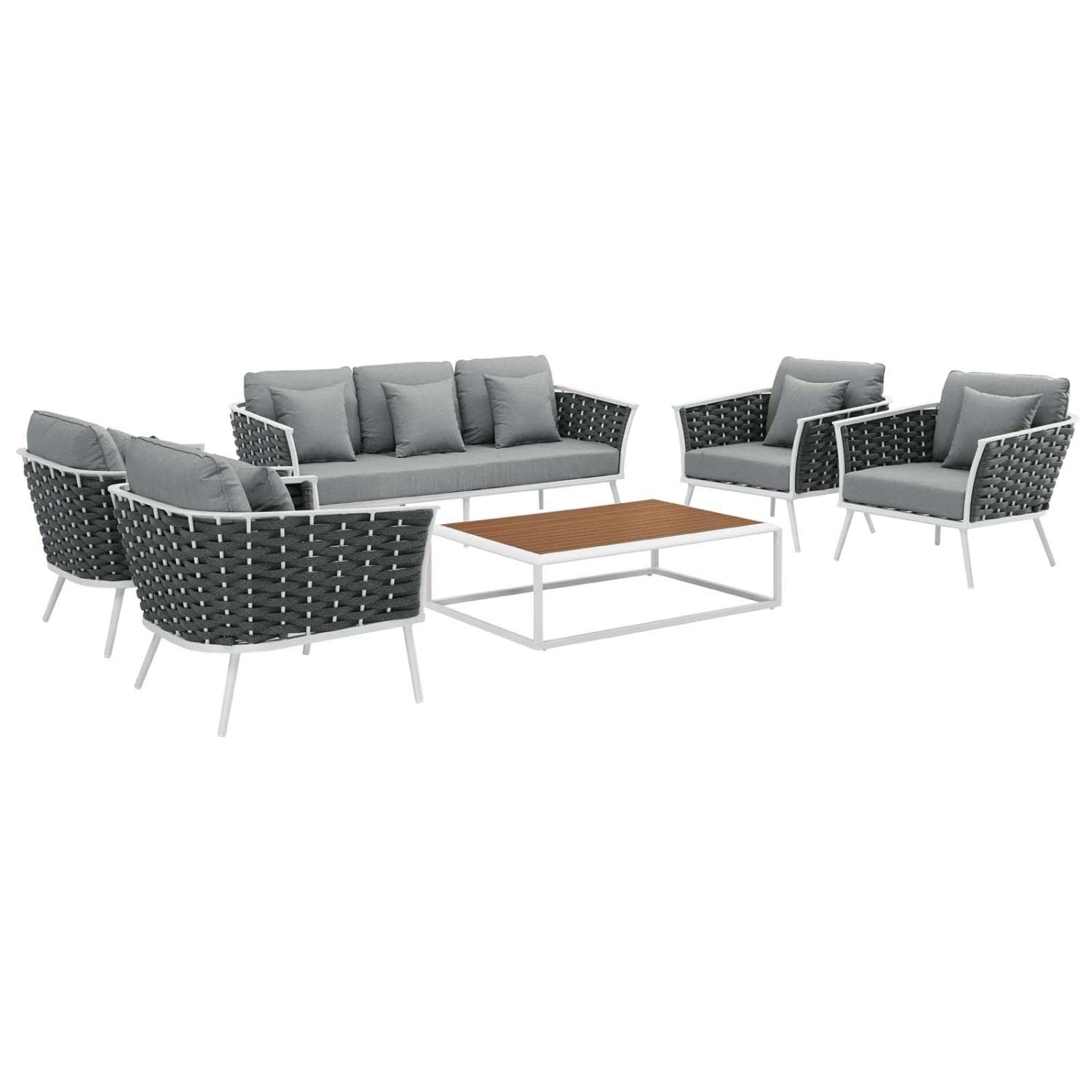 Modway Stance 6-Piece Outdoor Patio Sectional Sofa Set - Durable Aluminum Frame with White Gray Cushions - Perfect for Backyard, Poolside & Garden Relaxation