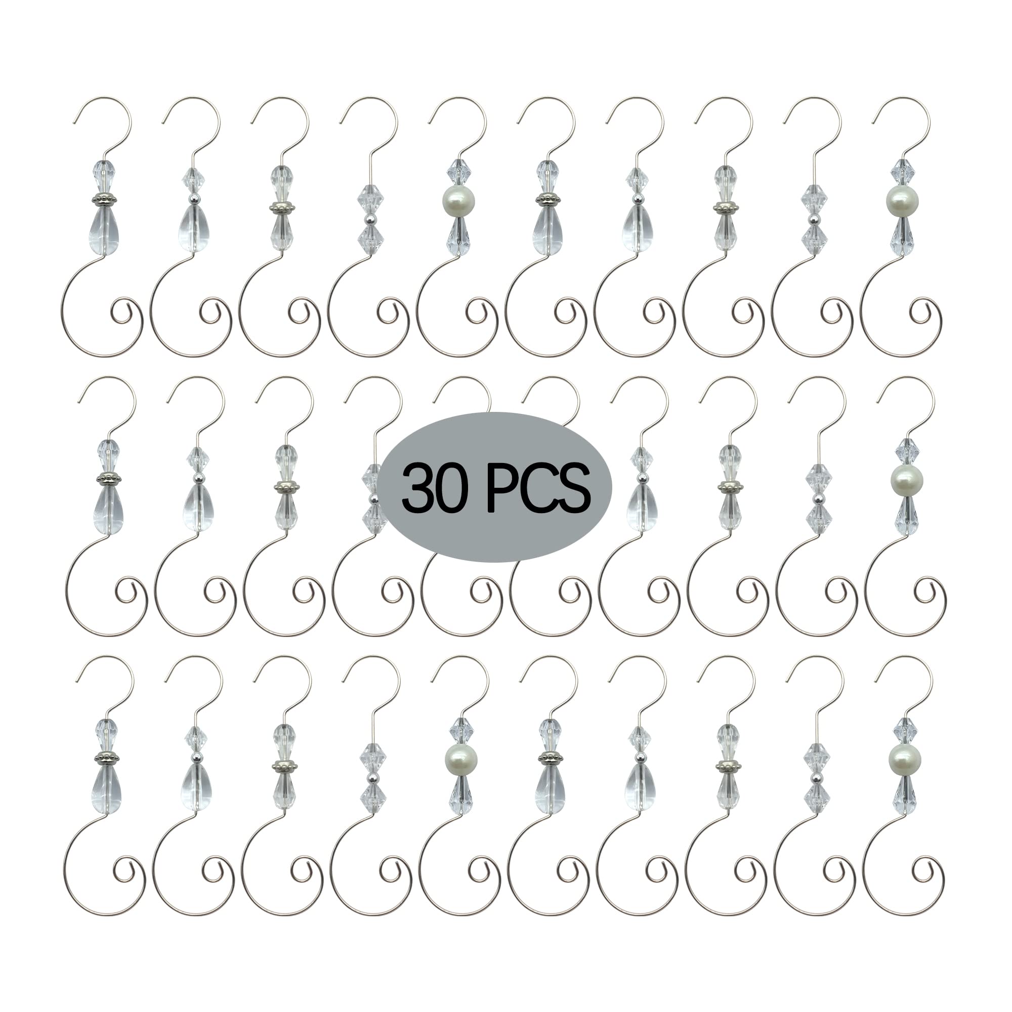 Silver Wire Christmas Ornament Hooks - 30 Pack Clear Acrylic Jewelry Hooks for Tree Decorations | Perfect for Holiday Decor, DIY Crafts & Gift Wrapping