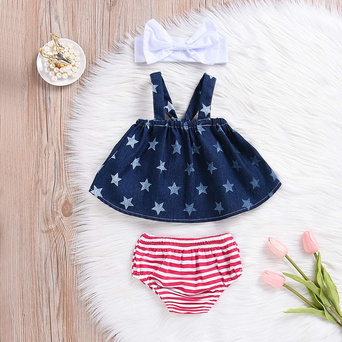 Adorable American Flag Star Denim Outfit Set for Baby Girls - Denim Top, Striped Shorts & Bow Headband 3-Piece Set | Perfect for 4th of July, Photo Shoots & Playdates