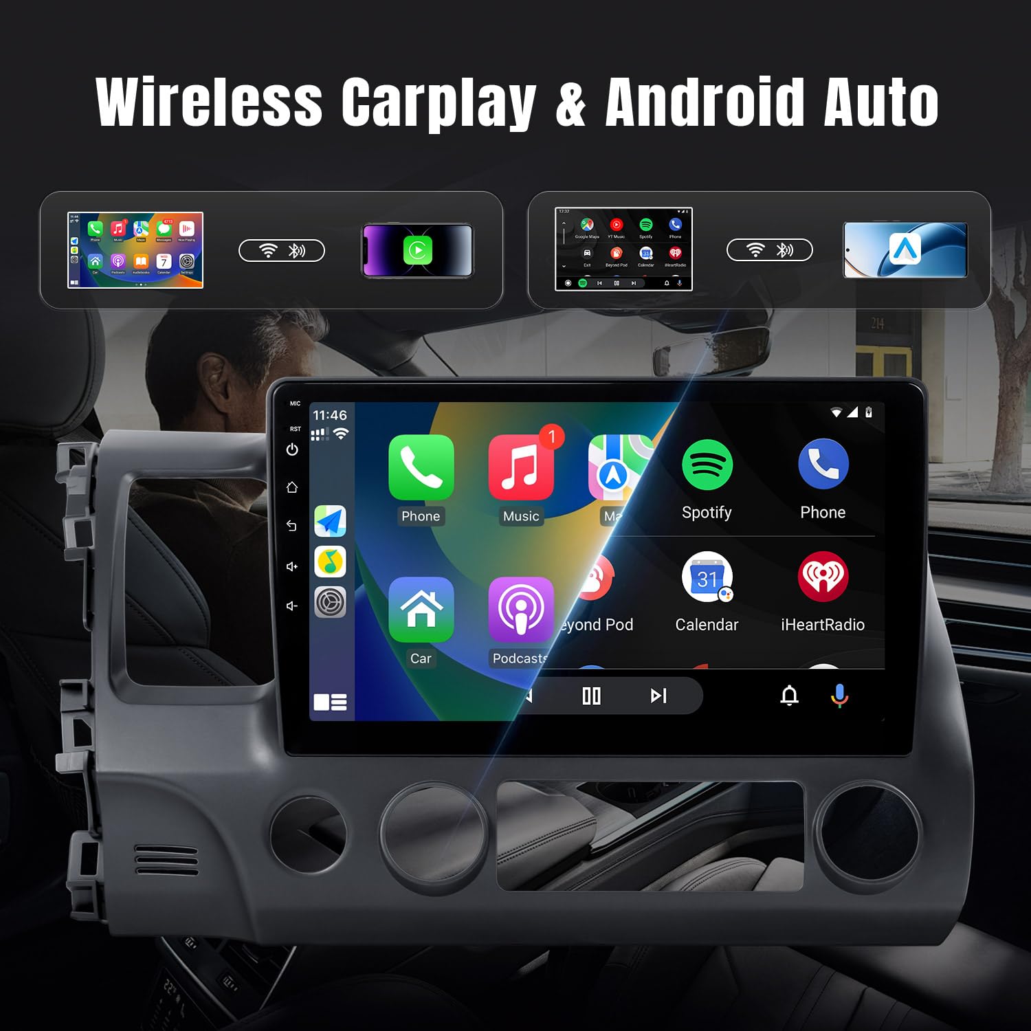Leadfan 10.1 Inch Car Stereo for Honda Civic 2006-2011 - Wireless Apple CarPlay & Android Auto, IPS Touch Screen, GPS Navigation, Bluetooth 5.1, WiFi, Backup Camera - Perfect for Commuting & Road Trips