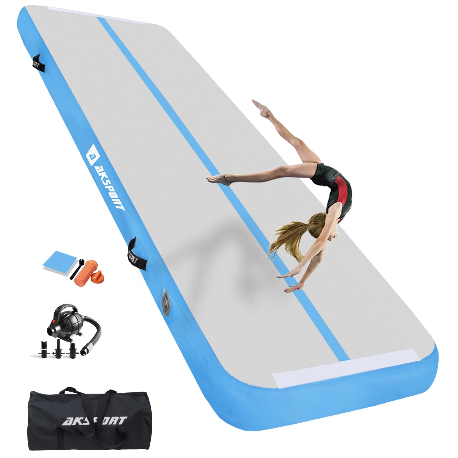 AKSPORT Inflatable Gymnastics Air Mat - Tumble Track & Tumbling Floor Mat with Air Pump for Home, Gym, Training | Perfect for Cheerleading, Parkour, Beach, Park & Water Activities | Portable Exercise Mat for Indoor & Outdoor Sports