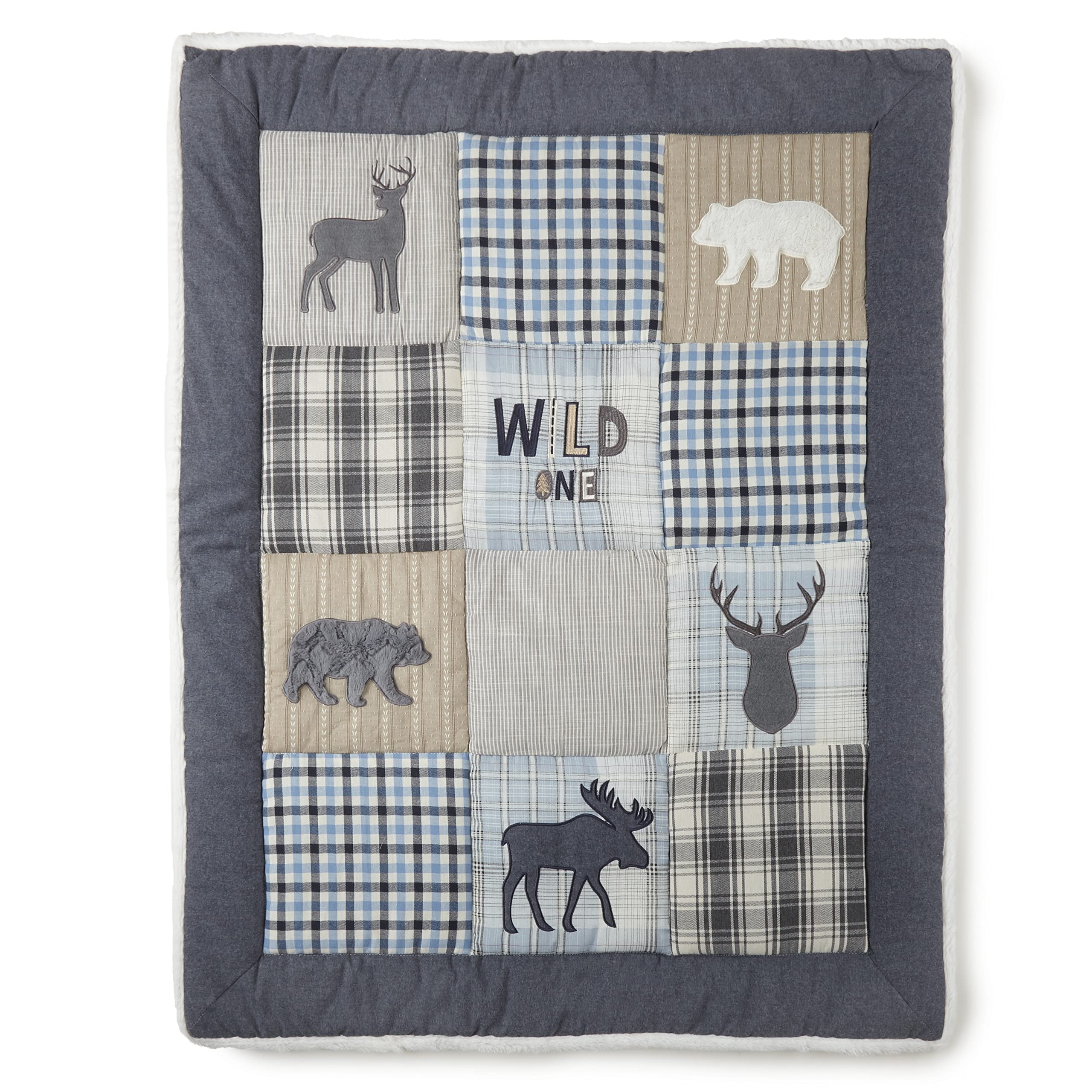 Levtex Baby Logan 4-Piece Crib Bedding Set - Soft Nursery Quilt, Fitted Sheet, Dust Ruffle & Wall Decal - Deer Bear Moose Theme in Navy Grey White Blue Taupe - Perfect for Baby Shower Gifts & Cozy Nursery Decor