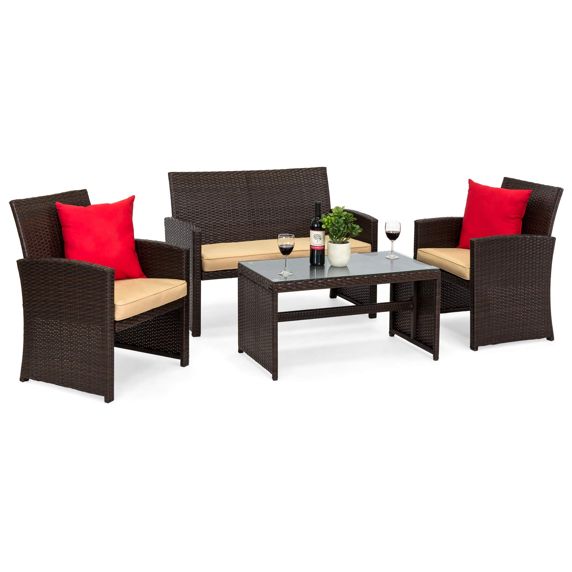 Best Choice Products 4-Piece Outdoor Wicker Patio Conversation Set with Coffee Table & Cushions - Brown Wicker & Beige Cushions for Backyard, Deck, Poolside - Perfect for Relaxing, Entertaining & Outdoor Gatherings