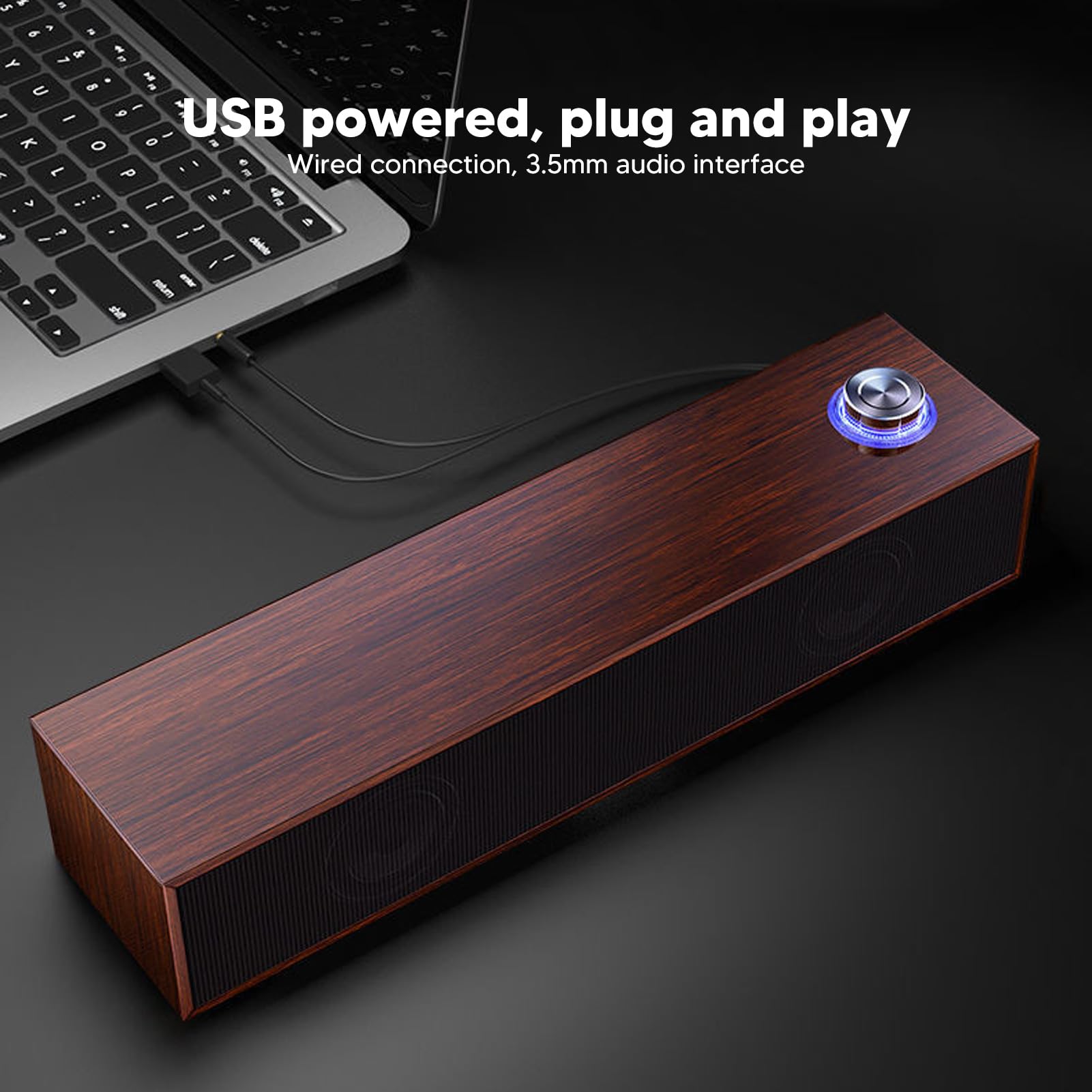 Annadue Wooden HiFi Stereo Computer Speakers - USB Powered Desktop Soundbar with AUX Input, Wired PC Speakers for Laptop, Monitor, Tablets - Perfect for Home Office, Gaming, and Multimedia Use