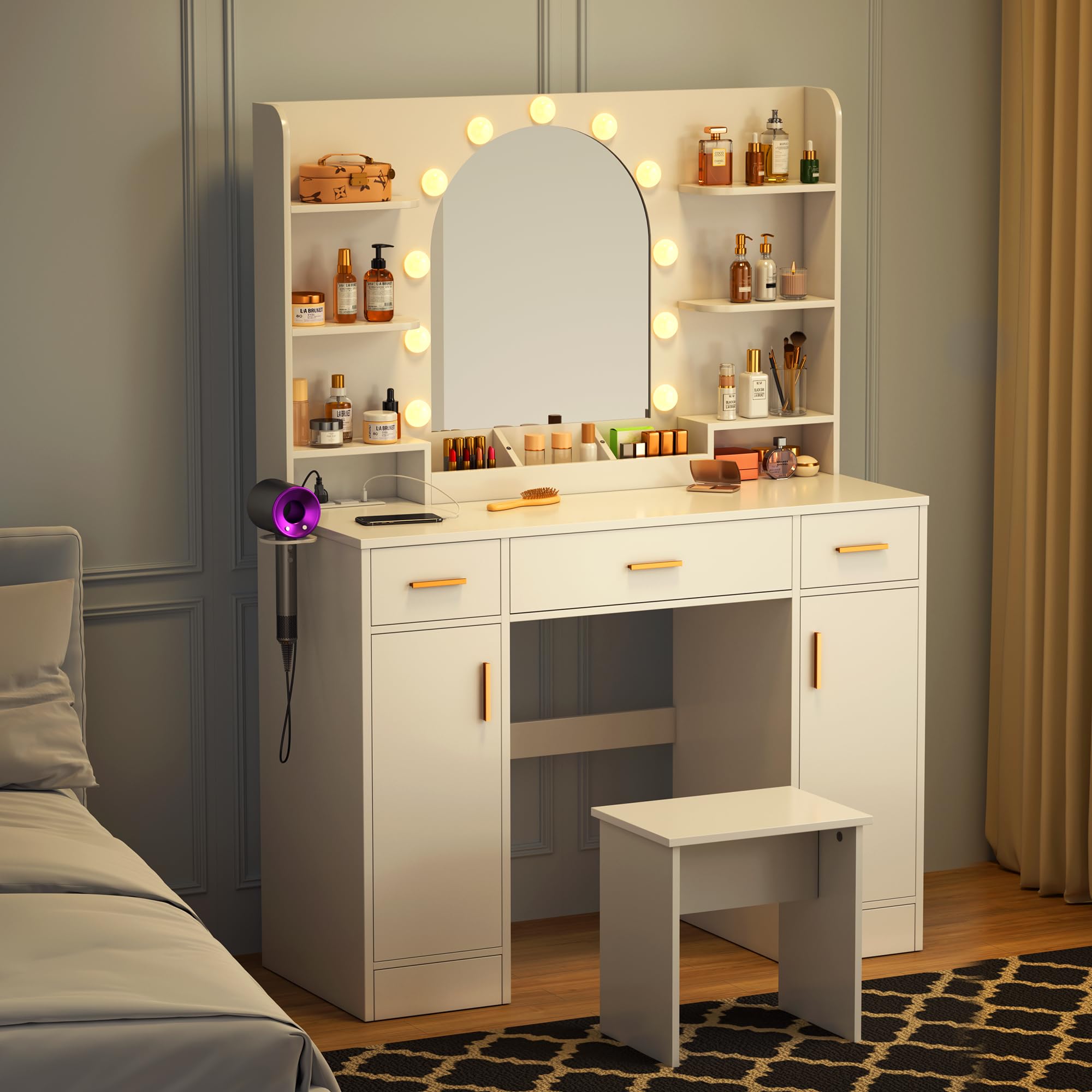 Vanity Desk with Mirror & 11 LED Lights - White Makeup Vanity Table Set with Chair, 5 Drawers, 3 Lighting Modes & 5 Brightness Levels - Dressing Table for Bedroom, Home Decor & Beauty Room Organization