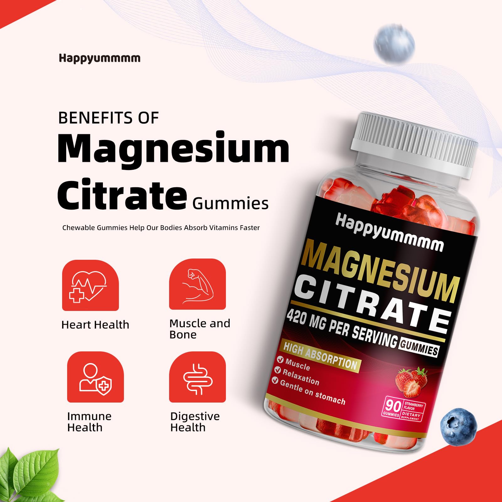Premium Magnesium Citrate Gummies 420mg per Serving - 90 Vegan Strawberry Gummies for Relaxation, Muscle Recovery & Bone Health - Natural Energy Support Supplement - Perfect for Stress Relief, Workout Recovery & Better Sleep