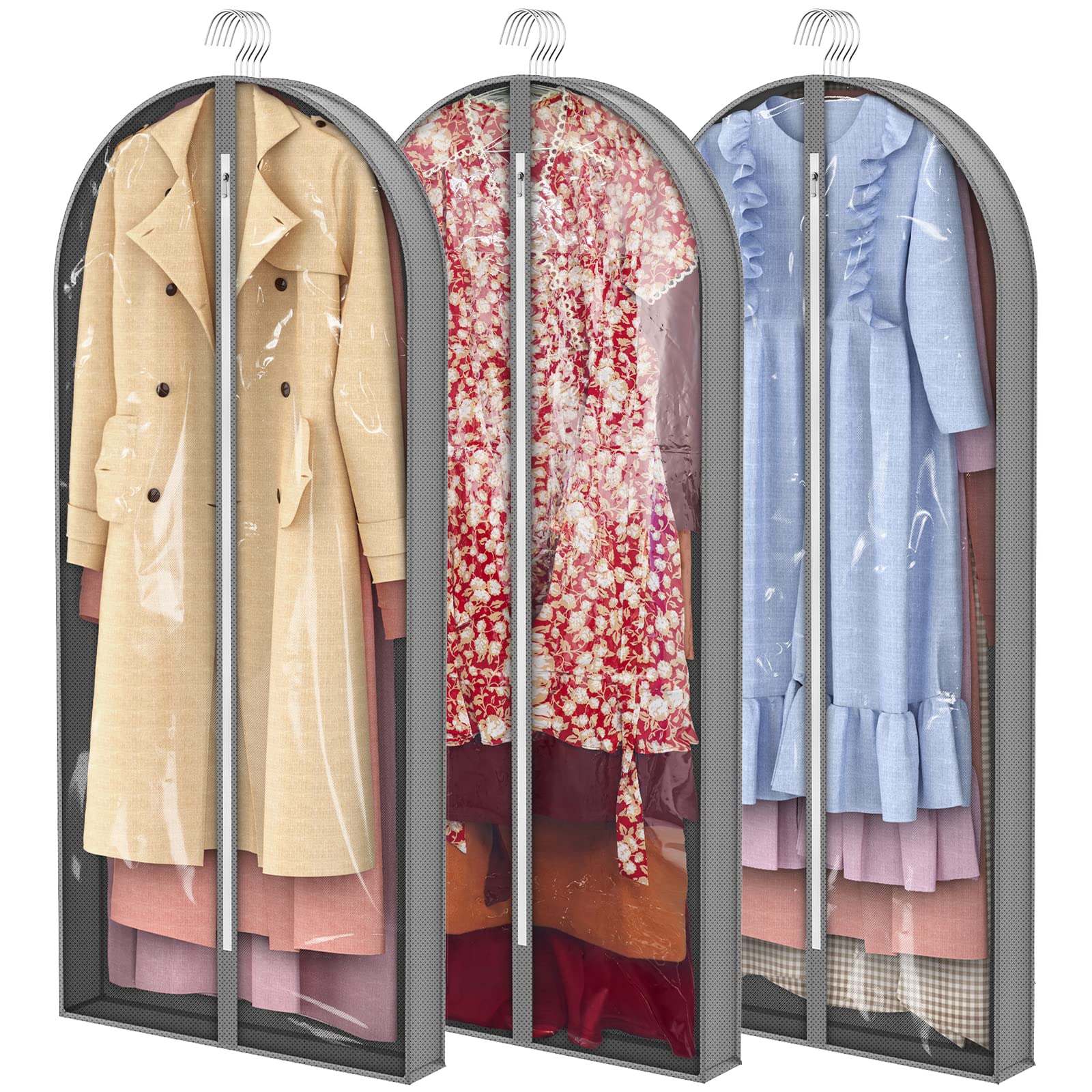 Long Clear Garment Bags for Dresses (60 Inches) - 3 Pack Foldable Hanging Clothes Storage Bags for Wedding Gowns, Formal Wear & Travel - Perfect for Closet Organization & Suitcase Packing