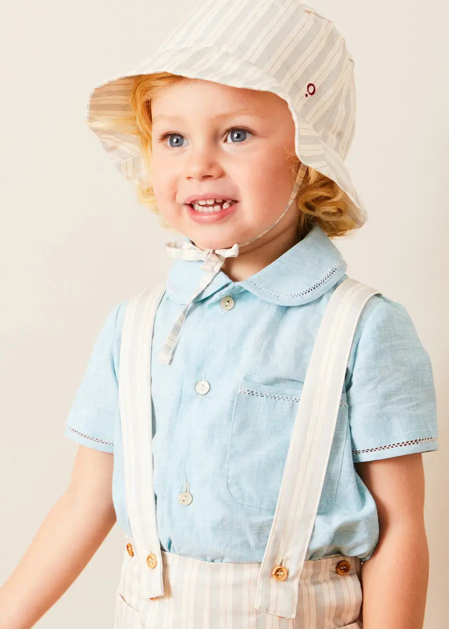 Peter Pan Collar Short Sleeve Blouse for Girls - Blue Cotton Top with Trim Detail (Size 12 Months to 5 Years) | Perfect for School, Parties & Family Photos