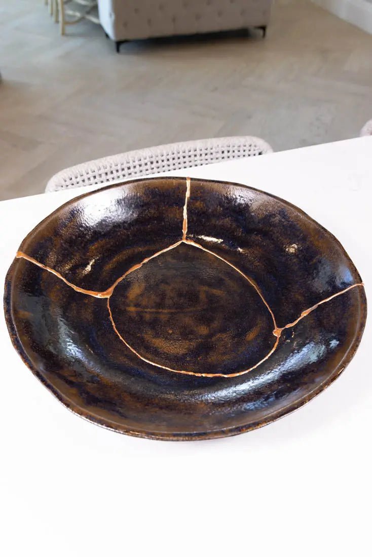 XXL Kintsugi Stoneware Decorative Bowl - Large Handcrafted Ceramic Bowl for Home Decor, Kitchen & Dining | Perfect for Centerpieces, Fruit Display & Boho Chic Interior Design
