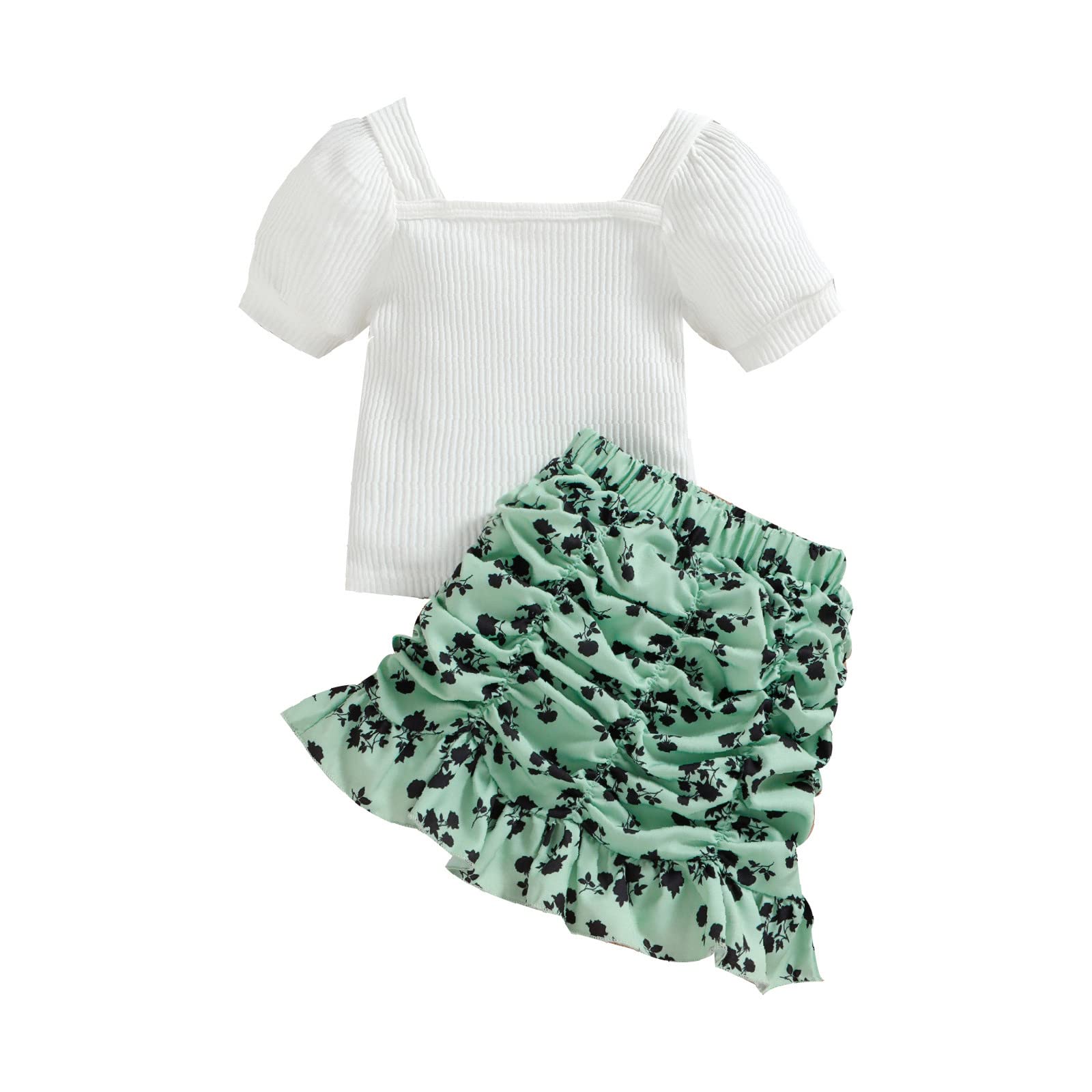 **Toddler Girls' 2-Piece Outfit - Ribbed Short Sleeve Top & Floral Skirt Set for Casual & Beach Wear | Baby Girl Summer Clothes**    *(Use Case: Perfect for beach trips, summer outings, playdates, and casual everyday wear for baby girls.)*