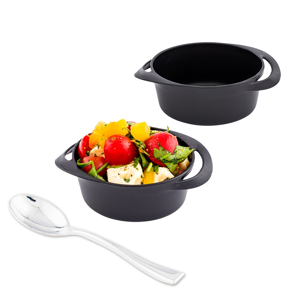 100 Pack 3 oz Round Black Plastic Mini Infinity Pots with 100 Silver Plastic Mini Spoons - Perfect for Party Favors, Wedding Decor, DIY Crafts, and Small Condiment Serving