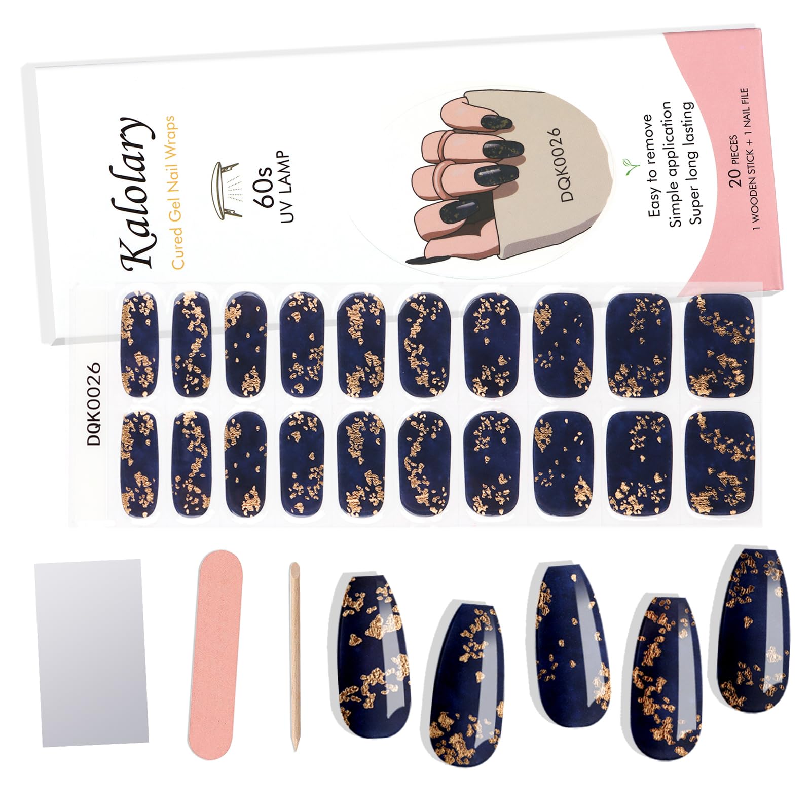 20PCS Semi-Cured Gel Nail Strips - Blue Gold Foil Nail Art Wraps for Women, Home & Salon Use