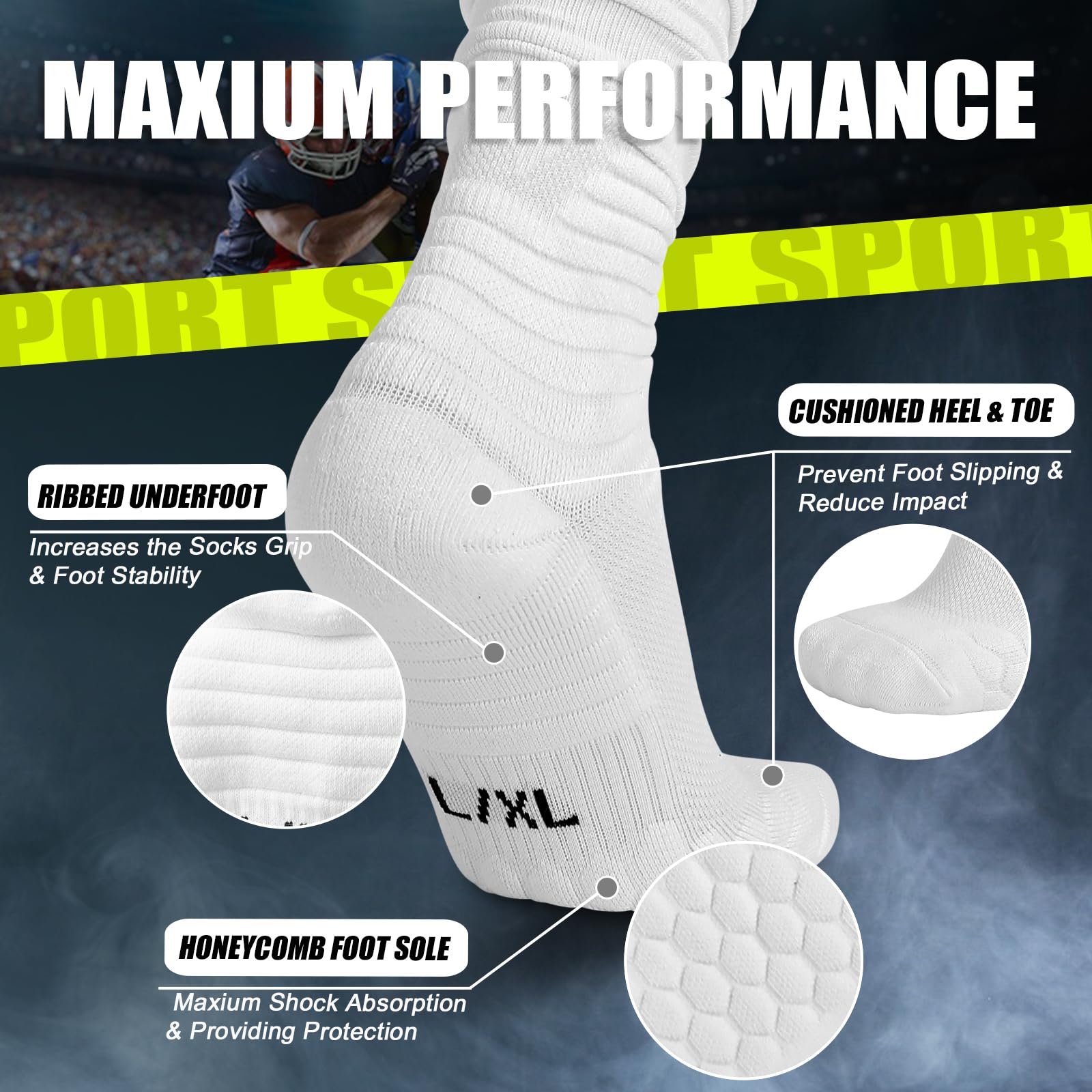 Hotfiary Extra Long Padded Soccer Socks for Men & Youth - 2 Pairs Football Baseball Athletic Team Sports Scrunch Socks - Perfect for Training, Games & Everyday Wear