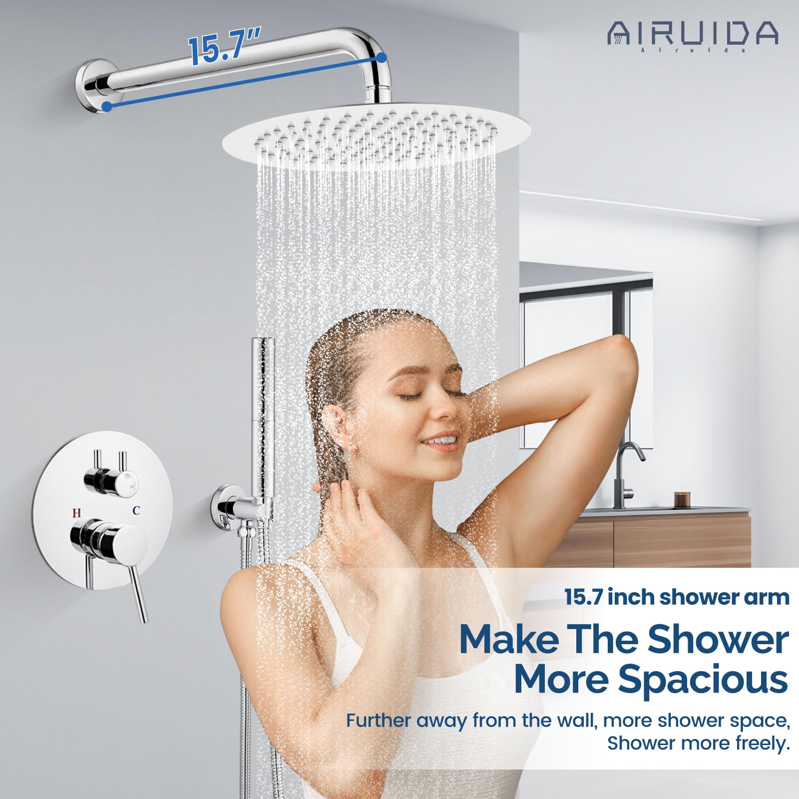 Airuida 2-Function Wall Mounted Shower Faucet Set - High Pressure Brass Handheld Shower with Rough-in Valve & 12 Inch Rainfall Round Shower Head in Chrome Polish for Bathroom | Perfect for Modern Home Spa Experience and Water-Saving Shower Solutions