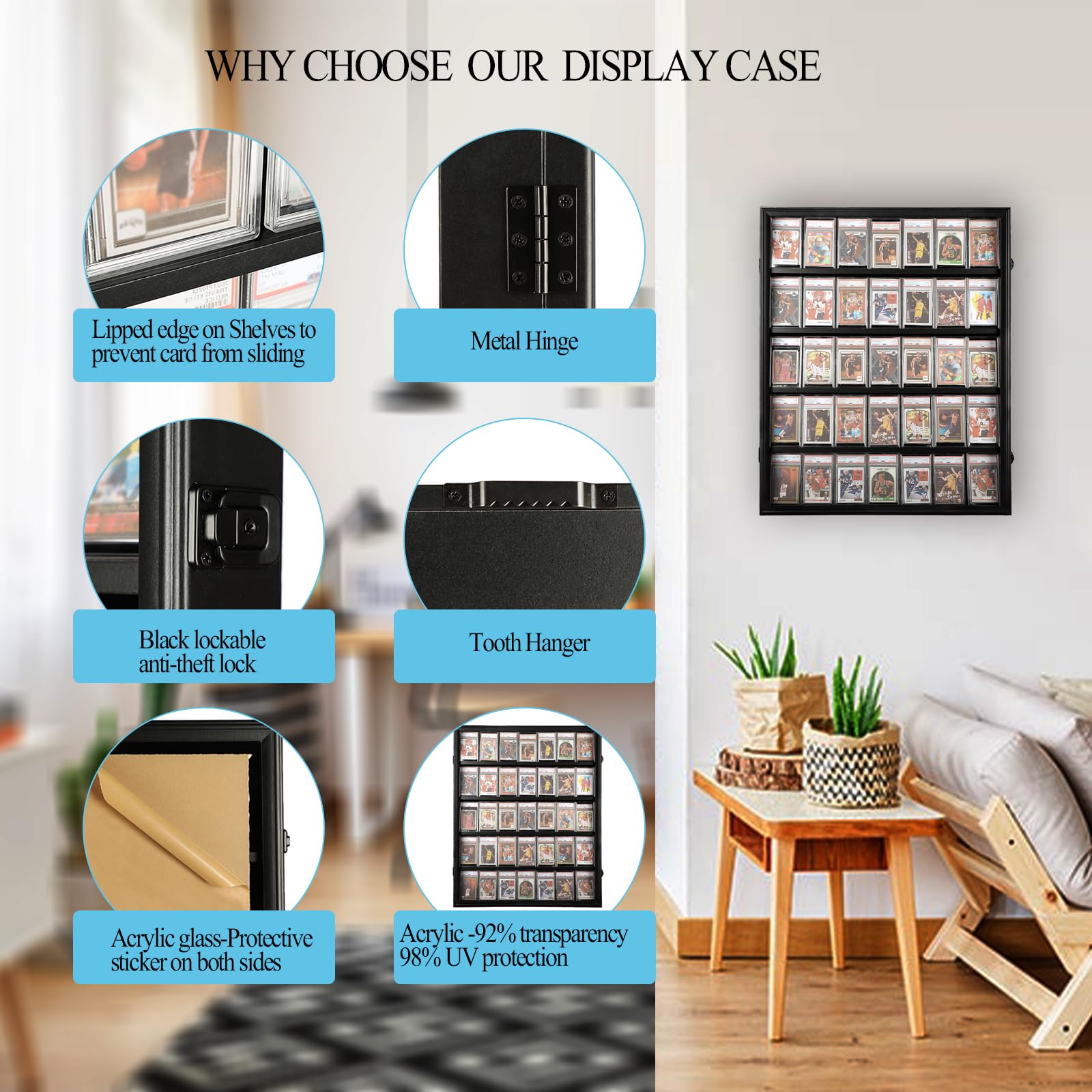 Graded Sports Card Display Case 2 Pack - 35 Baseball Card Holder - Lockable Trading Card Frame Wall Display with UV Protection for Football, Basketball & Hockey Cards (Black) - Perfect for Collectors, Home Office & Man Cave Decor