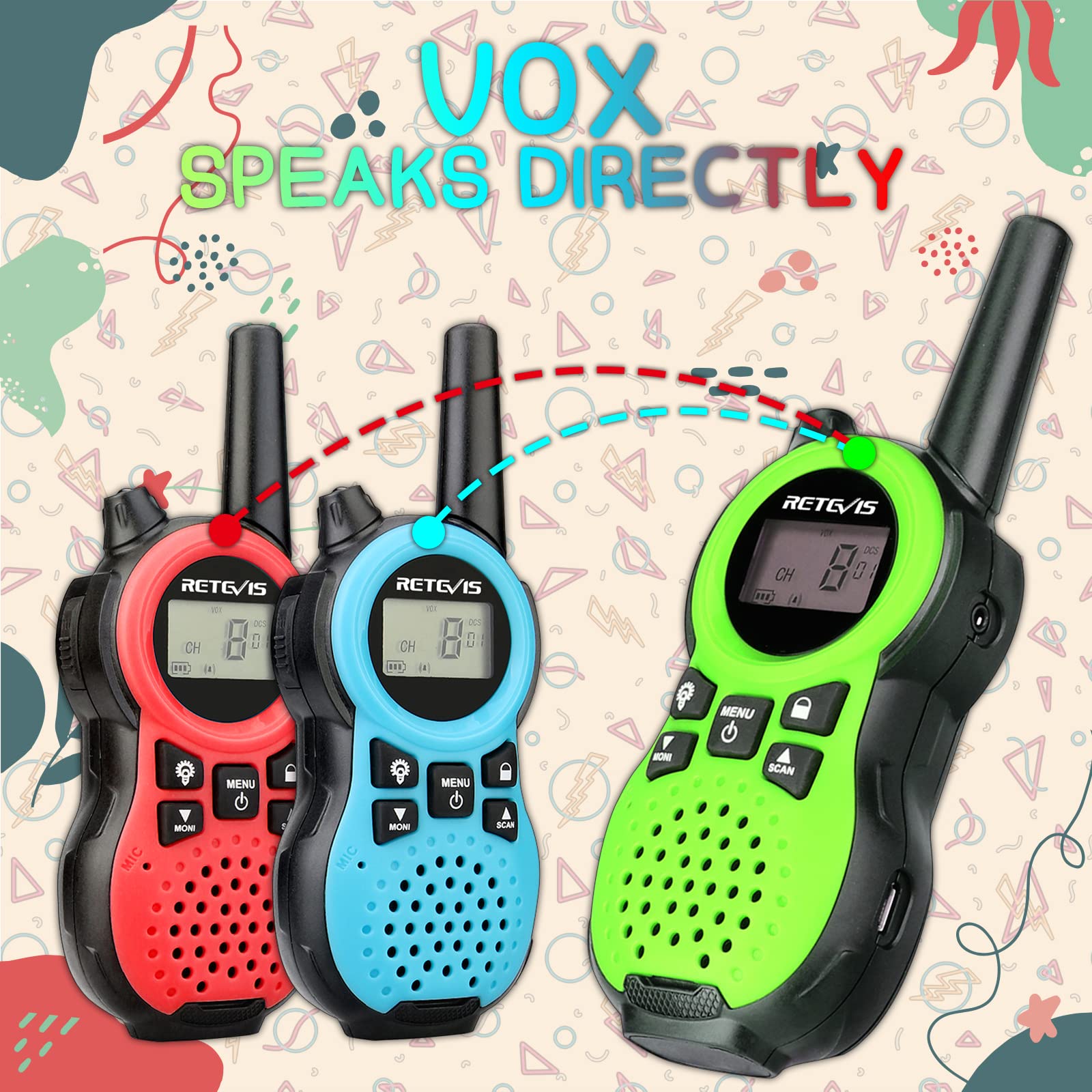 Retevis RT638 Kids Walkie Talkies 3 Pack with Flashlight, VOX, 16 Channels - Best Toys & Christmas Gifts for Boys Girls - 2 Way Radios for Family Camping, Hiking, Outdoor Adventures (Green, Red, Blue)