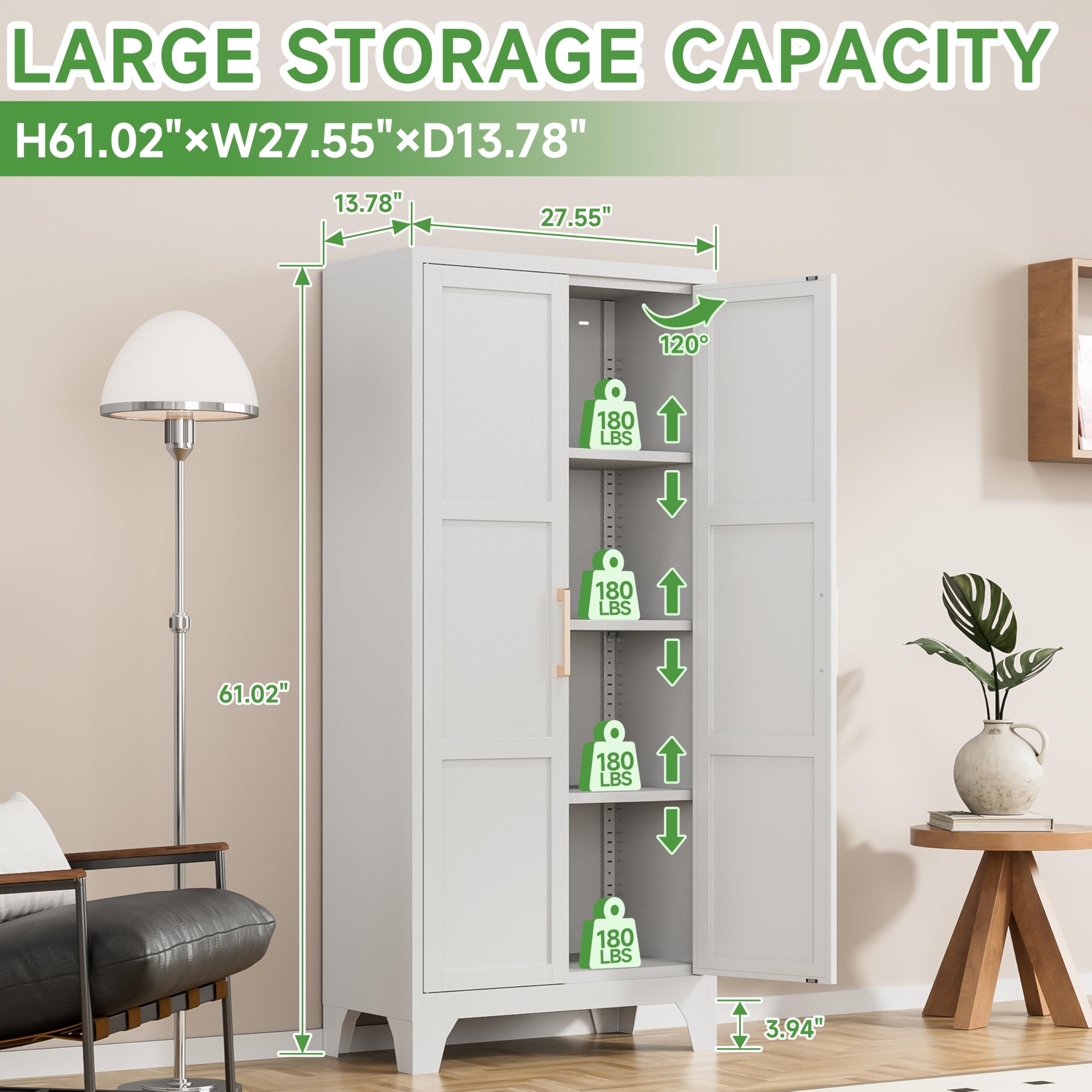 White Metal Pantry Cabinet with Adjustable Shelves & Doors - Kitchen Storage Organizer for Food, Dishes & Supplies - Perfect for Kitchen, Living Room & Dining Room - Easy Assembly Required
