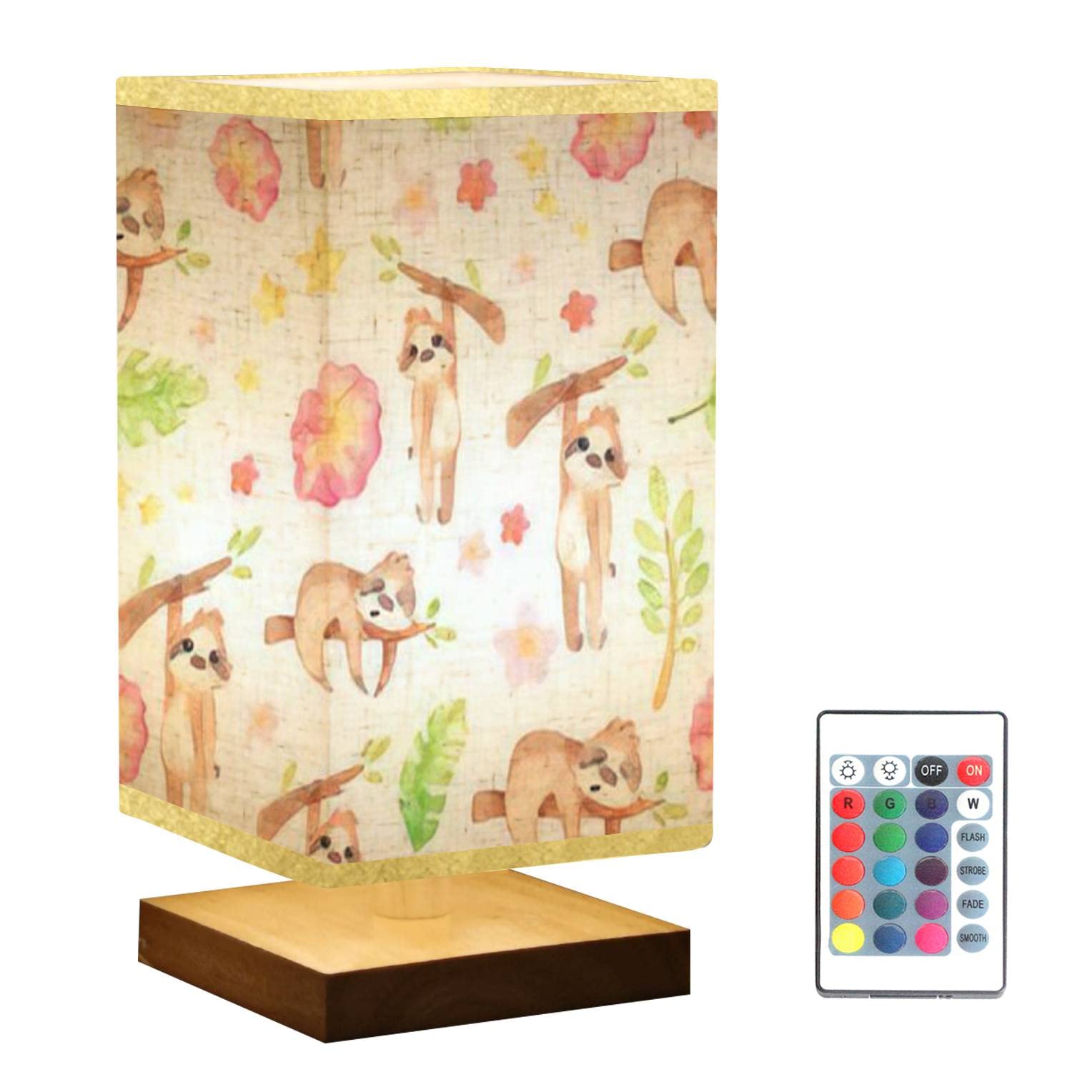 Hand-Painted Watercolor Sloths Cartoon Cute Nightstand Lamp with Exotic Wooden Base & Flaxen Fabric Shade - Dimmable Bedside Table Lamp for Bedroom, Living Room, Nursery & Office Decor