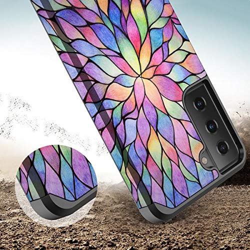 Samsung Galaxy S21 Case with TPU Screen Protector - Cute Glitter Rainbow Flower Design, Heavy Duty Dual Layer Defender Protective Cover for Women & Girls | Perfect for Everyday Use, Work, and Travel