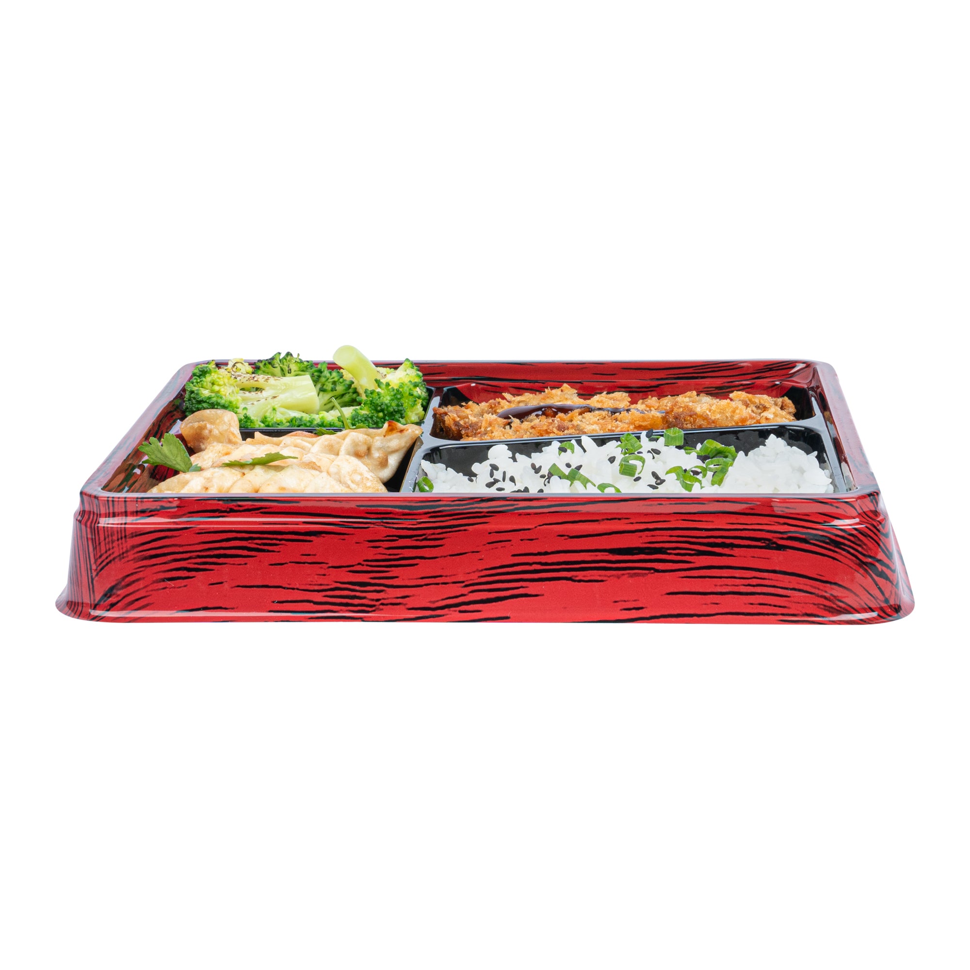 Bento Tek 19 oz Rectangle Red and Black Plastic Bento Box - 4 Compartments Lunch Container (9.25