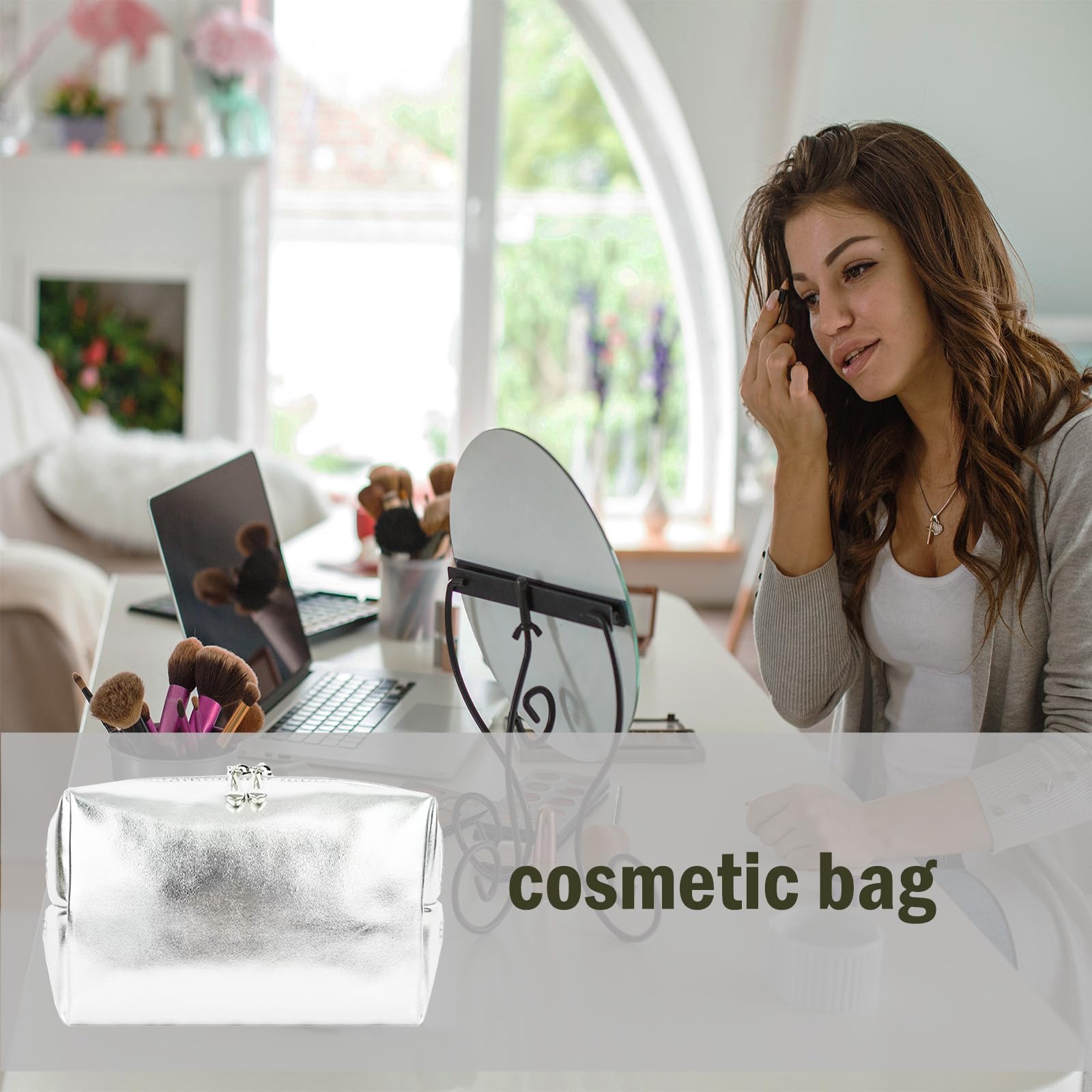 3-Piece Leather Makeup Bag Set for Women - Travel Cosmetic & Toiletry Organizer Pouch with Personalization - Skincare Storage Case in Silver | Perfect for Travel, Gym, and Daily Beauty Essentials