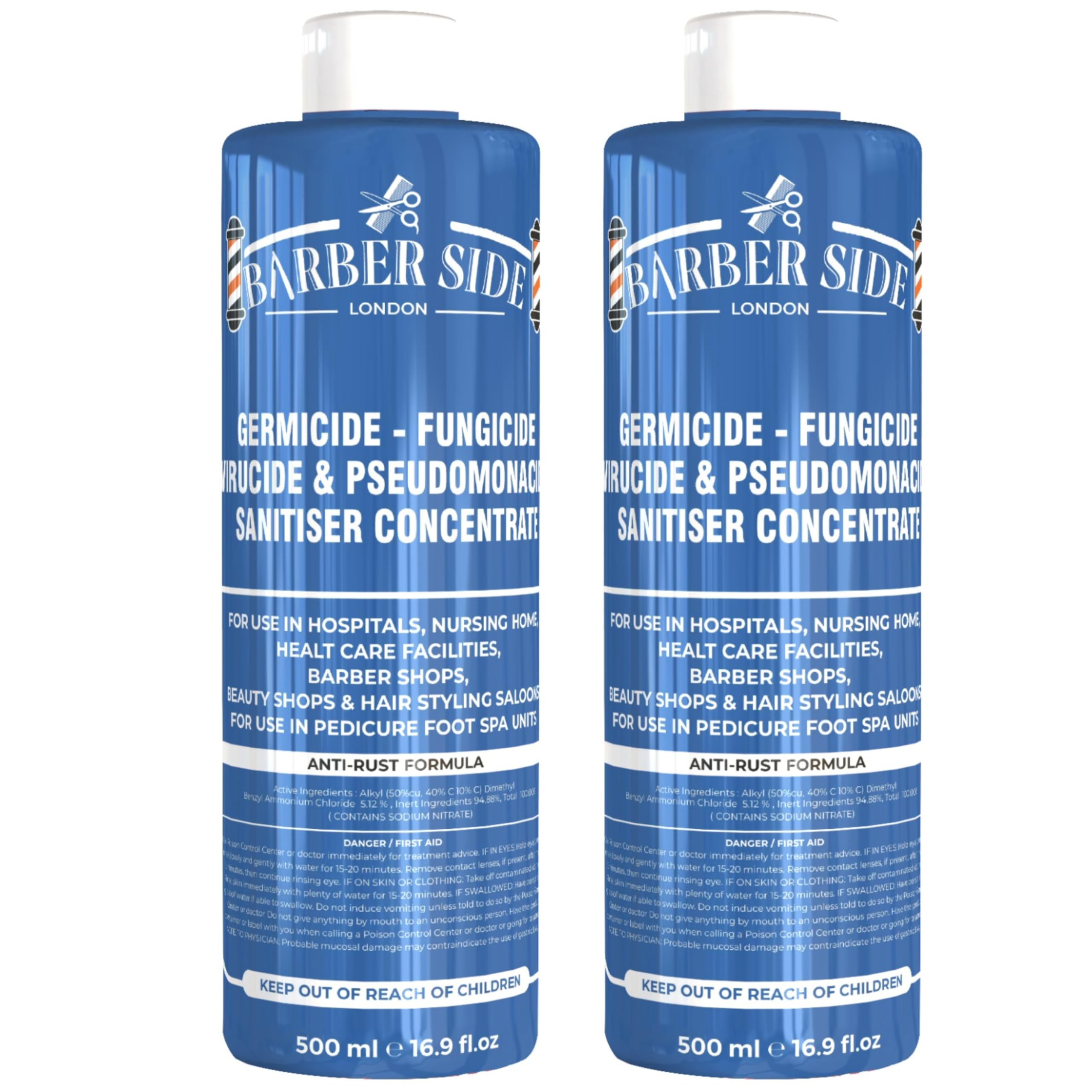 Barber Side London Disinfectant Solution - Salon Barbicide Jars, Medical & Athletic Use - Germicide Solution (Blue) 2 x 500ml (1 Liter) - Ideal for Barber Shops, Nail Salons & Sports Equipment Sanitization