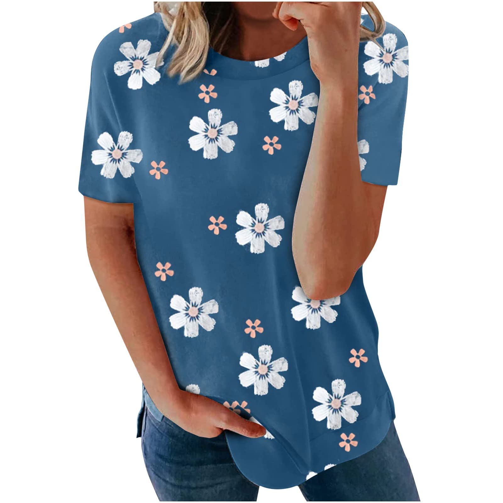 Ylioge Women's White T-Shirt with Stars & Floral Print - Casual Short Sleeve Loose Fit Round Neck Pullover Top for Everyday Wear, Outings & Summer Fashion