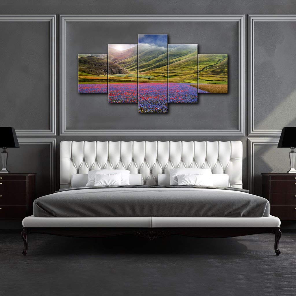 AMEMNY 5 Panel Purple Flowers Wall Art - Sunset Landscape Canvas Painting - Stretched & Framed Ready to Hang - Scenery Flower Picture for Living Room, Bedroom, Bathroom Decor | Perfect for Home, Office & Gift Giving