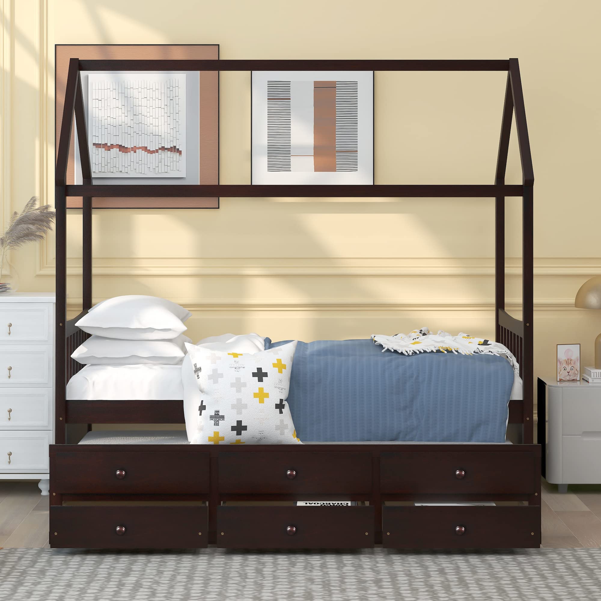 SOFTSEA Twin Size Wooden Captain's Bed with Storage Drawers & Trundle - Space Saving Daybed for Kids Bedroom, Guest Room & Small Spaces