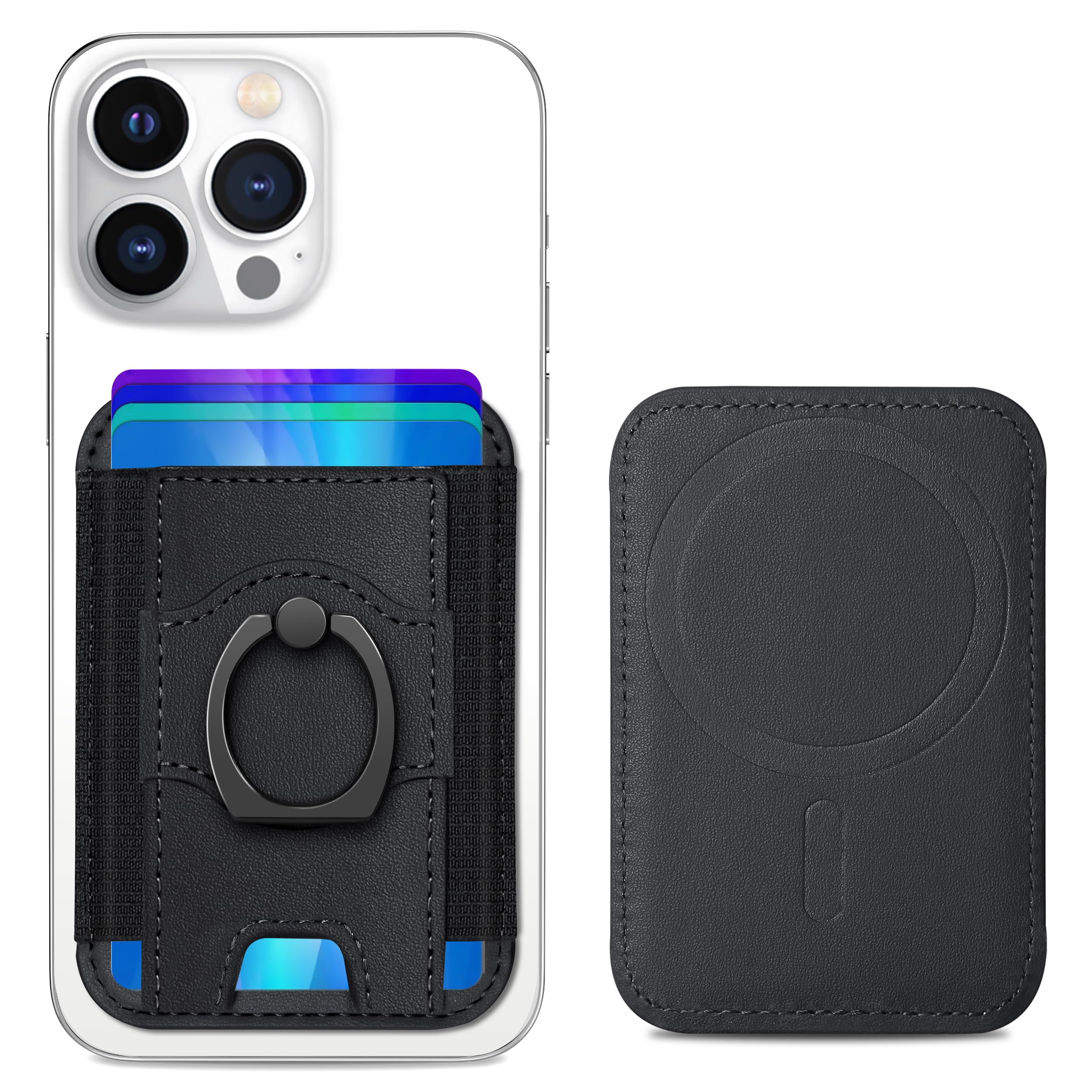 Upgraded Magsafe Wallet for iPhone 16/15/14/13/12 Series - Strongest Magnetic Card Holder with Ring Grip | Vegan Leather Wallet Holds 7 Cards | Black | Perfect for Everyday Carry, Travel & Contactless Payments