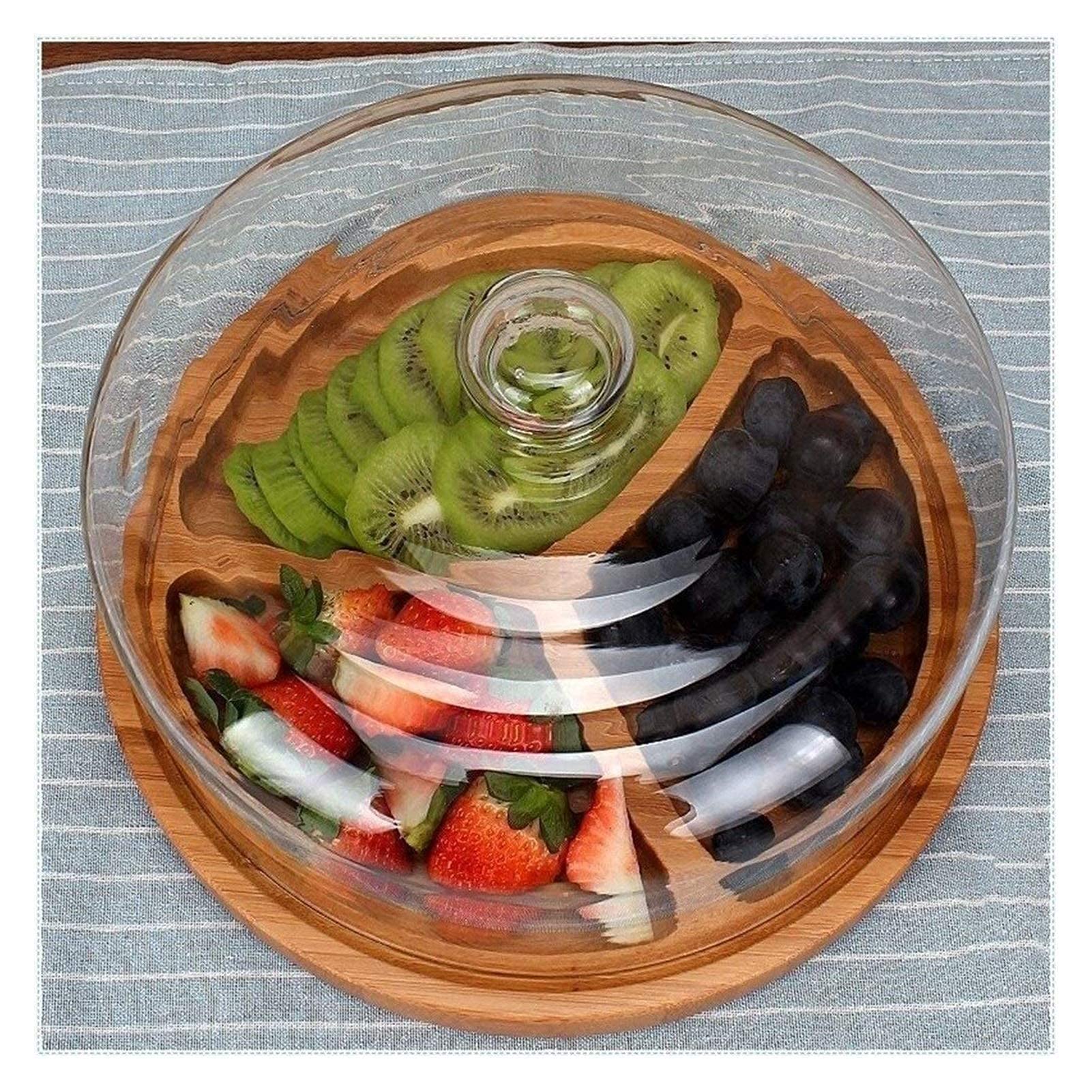 Premium Bamboo Cake Stand with Dome & Tray Set - Party Serving Platter for Fruits, Chocolates & Dips
