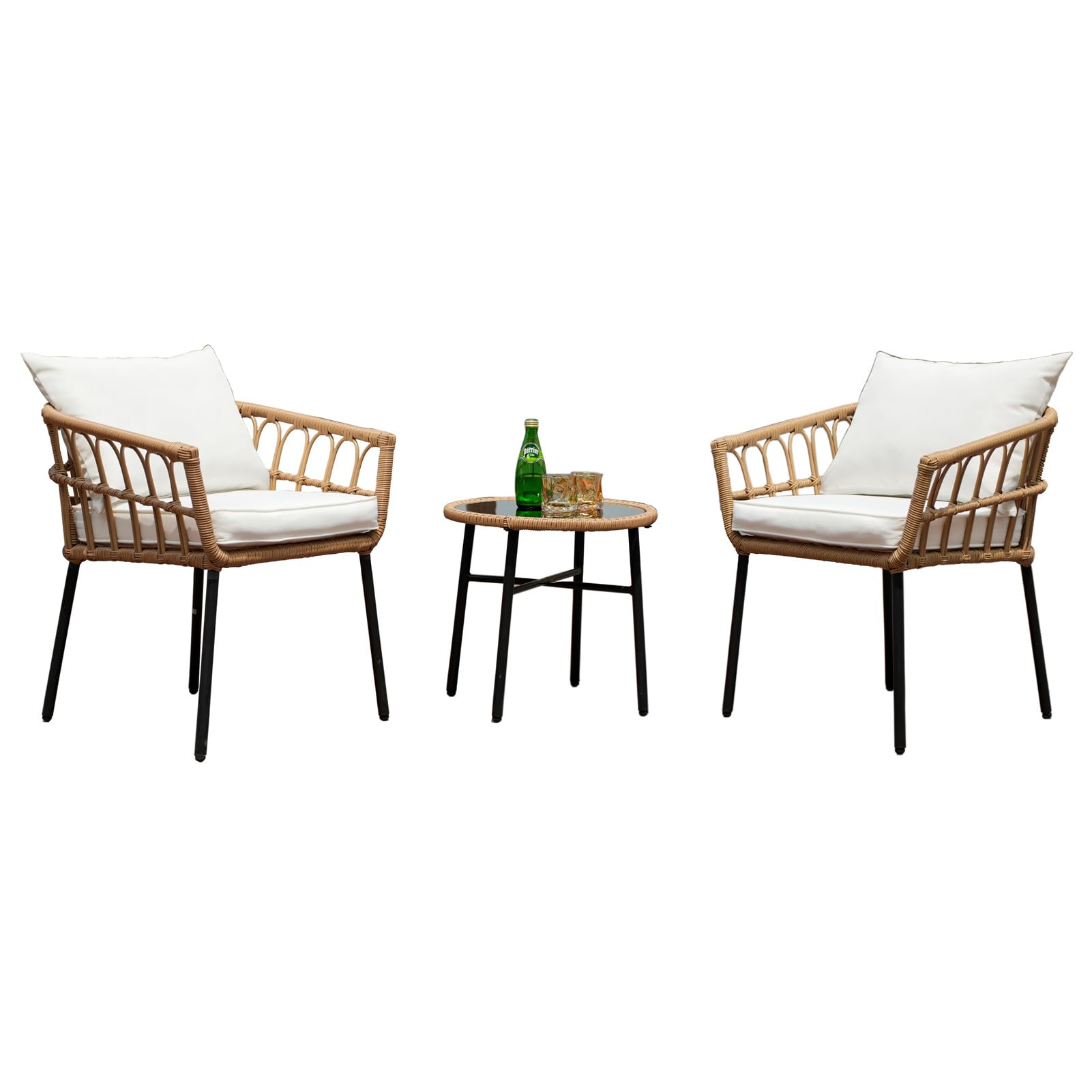 Homsido 3-Piece Bohemian Wicker Patio Furniture Set - Outdoor Rattan Chairs with Coffee Table & Waterproof Cushions - Perfect for Garden, Balcony, and Indoor Conversation Areas