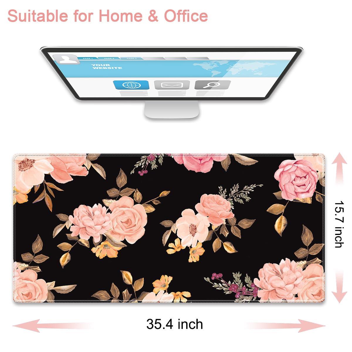 Pemlari XXL Gaming Mouse Pad - 35.4x15.7 Inch Large Extended Mouse Mat with Non-Slip Rubber Base, Water-Resistant Desk Mat for Keyboard & Mouse - Perfect for Gaming Setup, Office Work & Home Computer Use - Peony Design