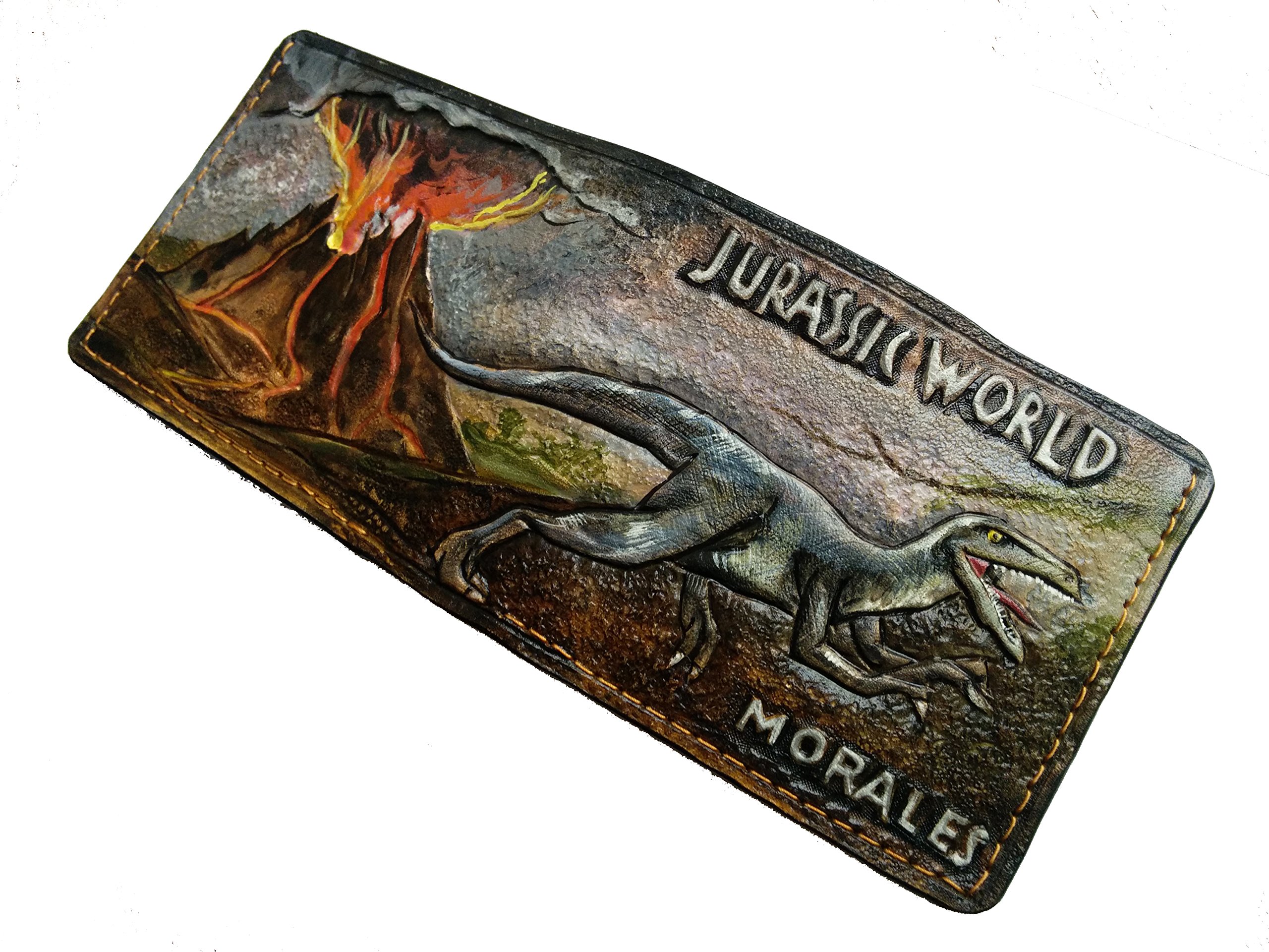 Handmade 3D Genuine Leather Dinosaur Volcano Eruption Wallet - Blue Velociraptor Carved Bifold Wallet for Men - Custom Airbrush Art Personalized Tooled Leather Wallet - Perfect Gift for Dinosaur Lovers & Collectors