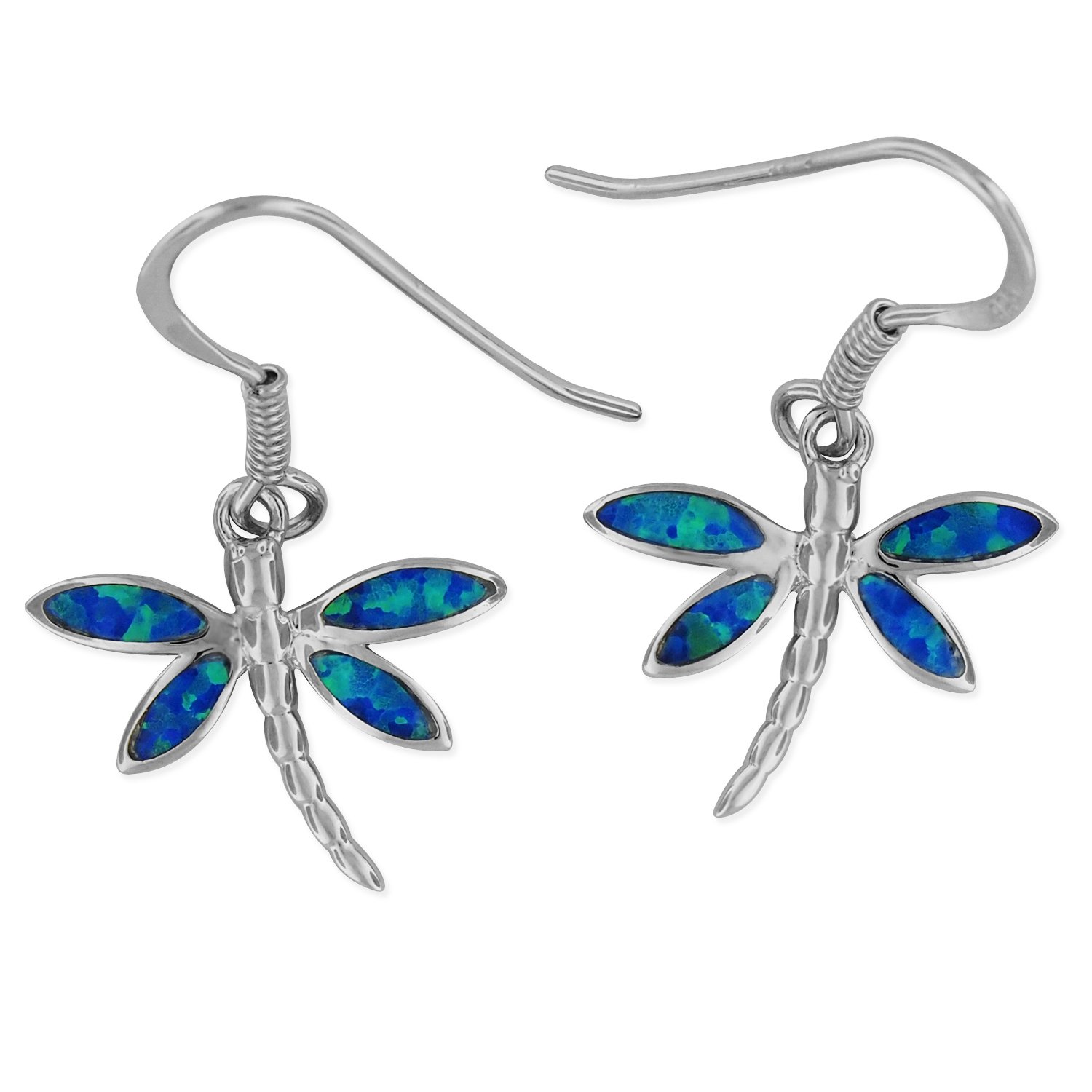 Sterling Silver Synthetic Blue Opal Dragonfly Dangle Earrings for Women - Elegant Bohemian Jewelry Gift for Party, Wedding & Everyday Wear
