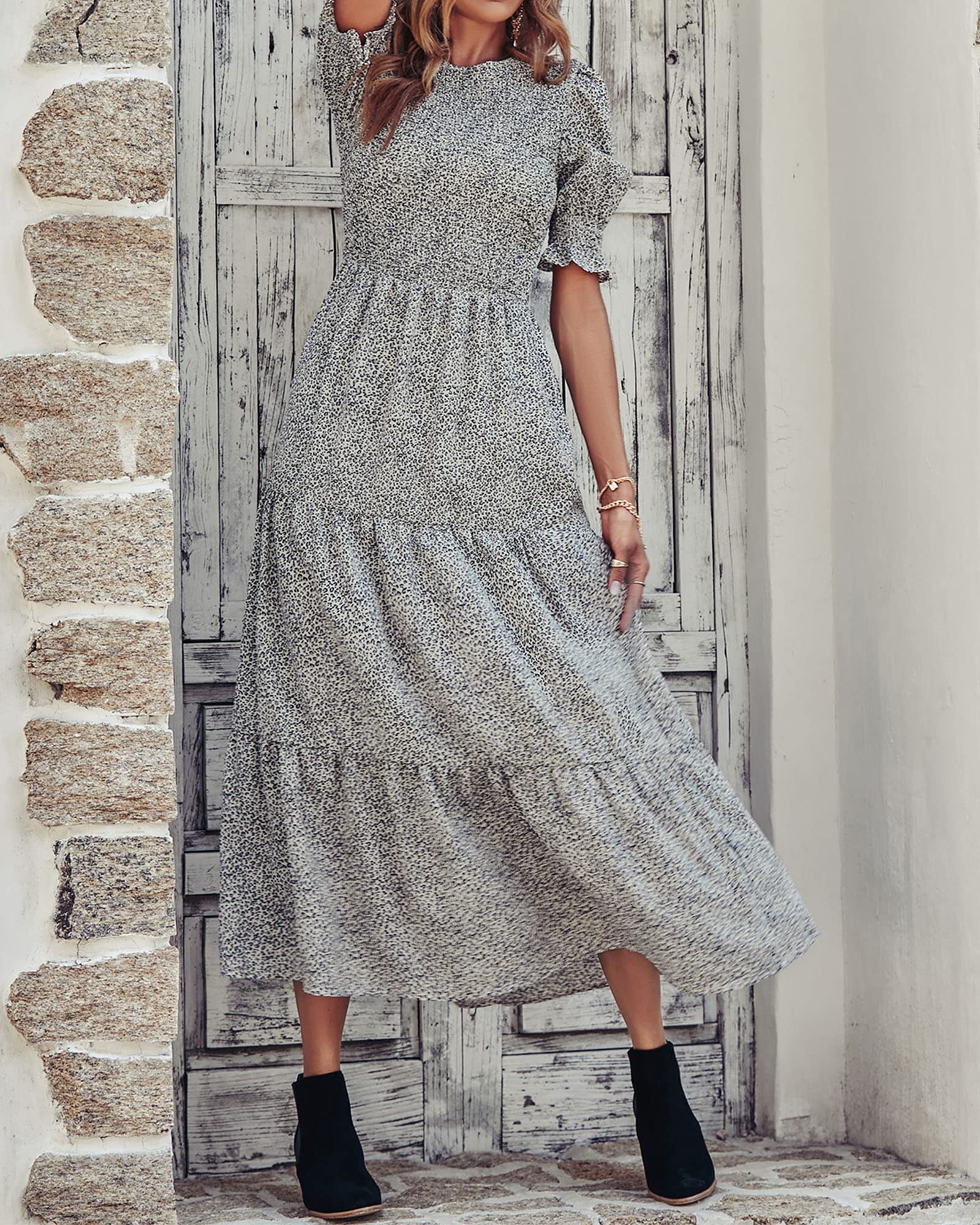 BTFBM Women's Floral Print Boho Maxi Dress - Crew Neck, Ruffle Short Sleeve, Smocked Waist, Flowy Summer Casual Dress for 2025 Spring | Perfect for Beach Vacations, Date Nights & Outdoor Festivals